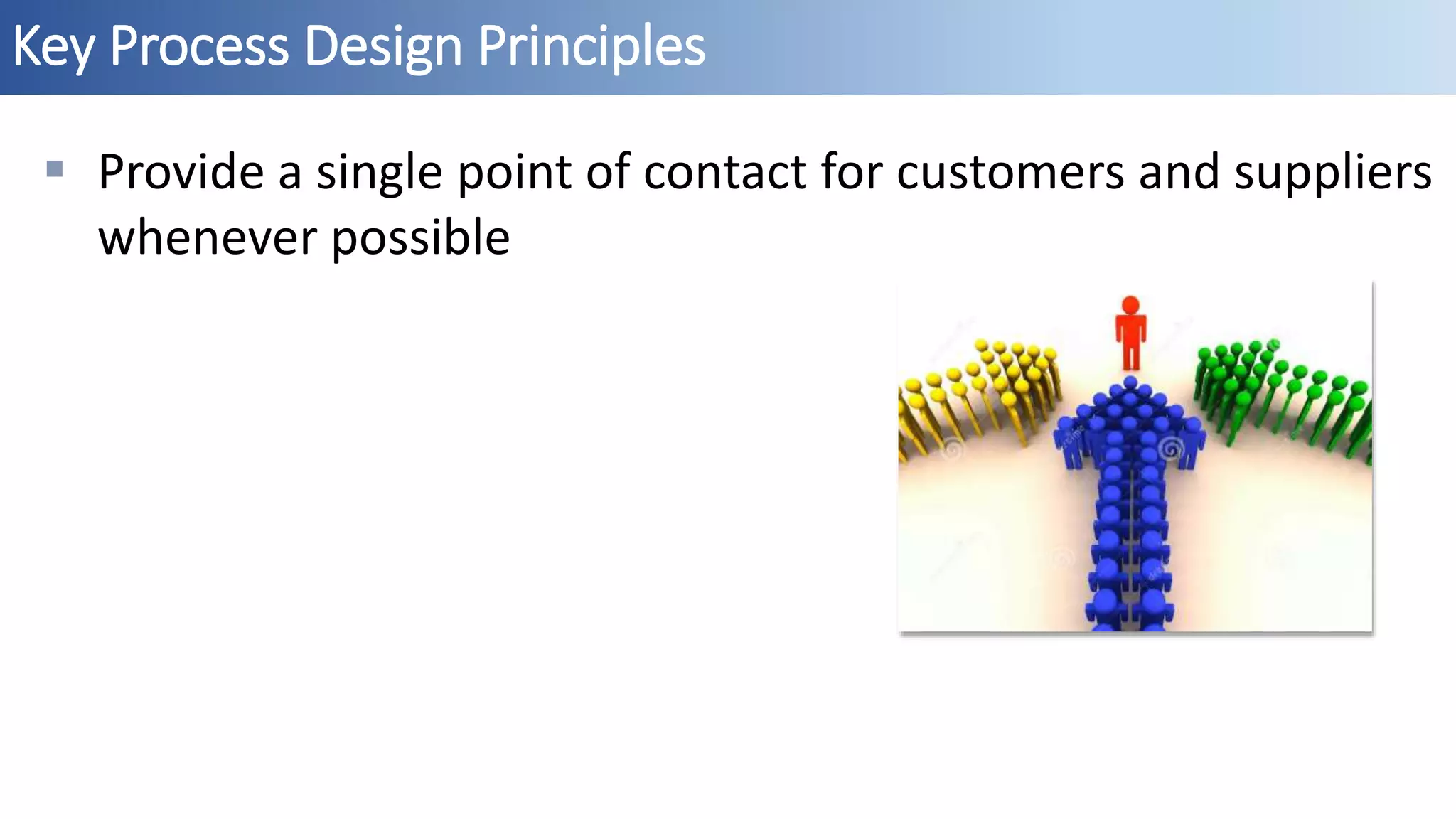 Key Process Design Principles
 Provide a single point of contact for customers and suppliers
whenever possible
 