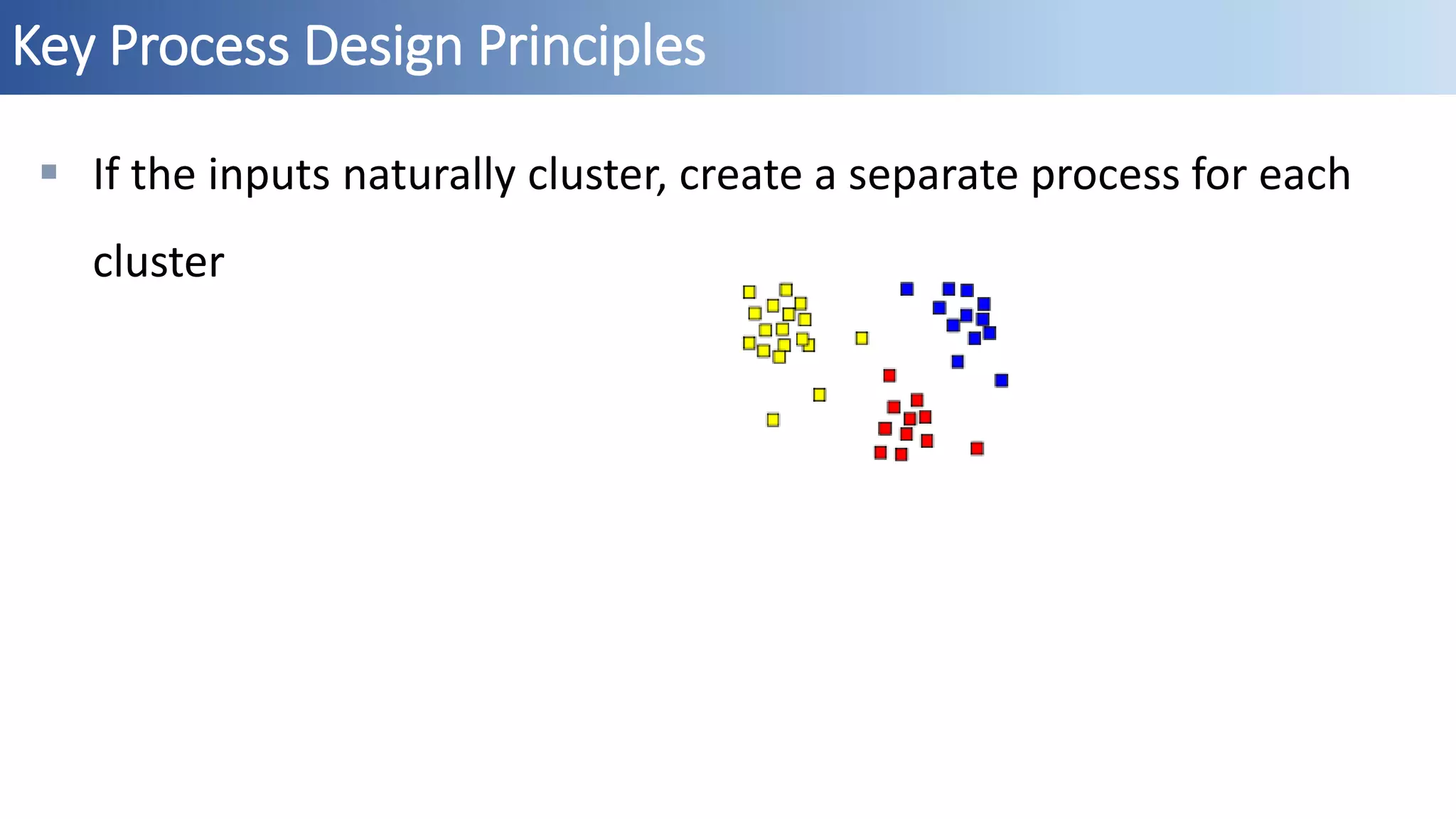 Key Process Design Principles
 If the inputs naturally cluster, create a separate process for each
cluster
 