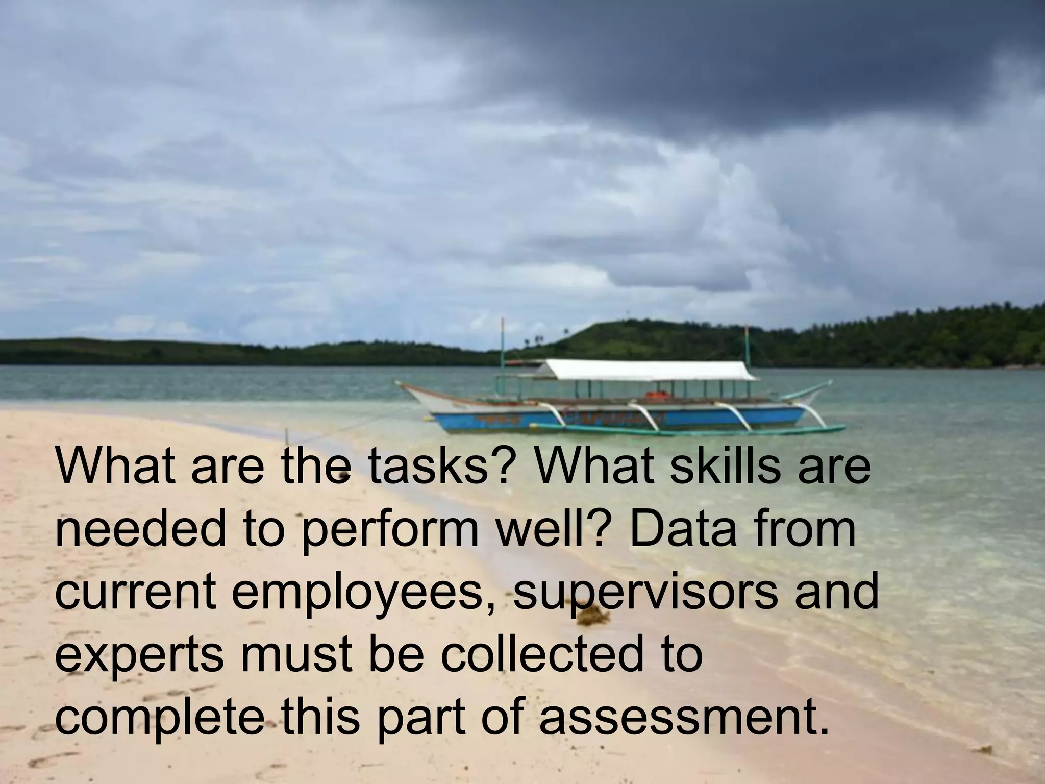 What are the tasks? What skills are
needed to perform well? Data from
current employees, supervisors and
experts must be collected to
complete this part of assessment.
 
