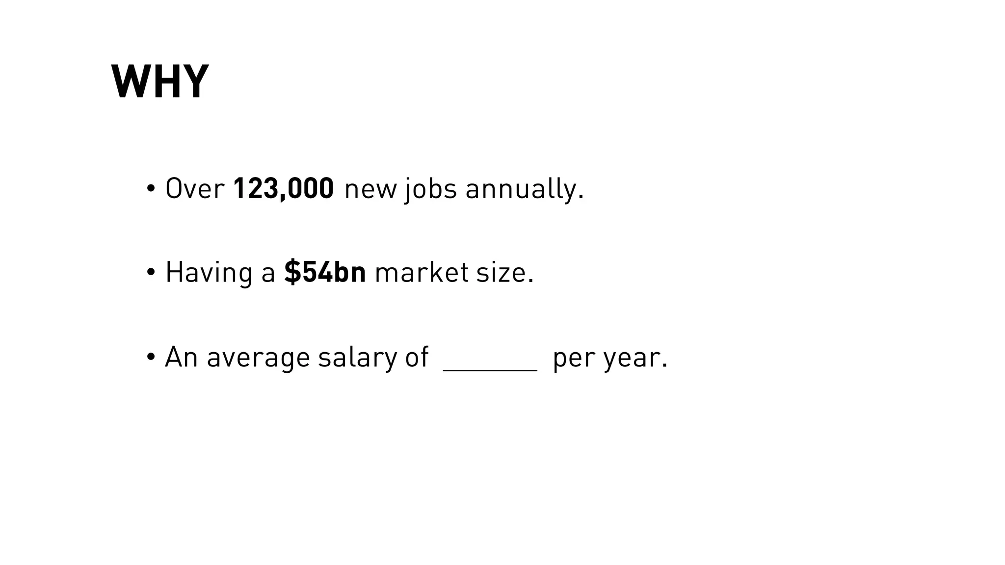 WHY
• Over 123,000 new jobs annually.
• Having a $54bn market size.
• An average salary of per year.
 