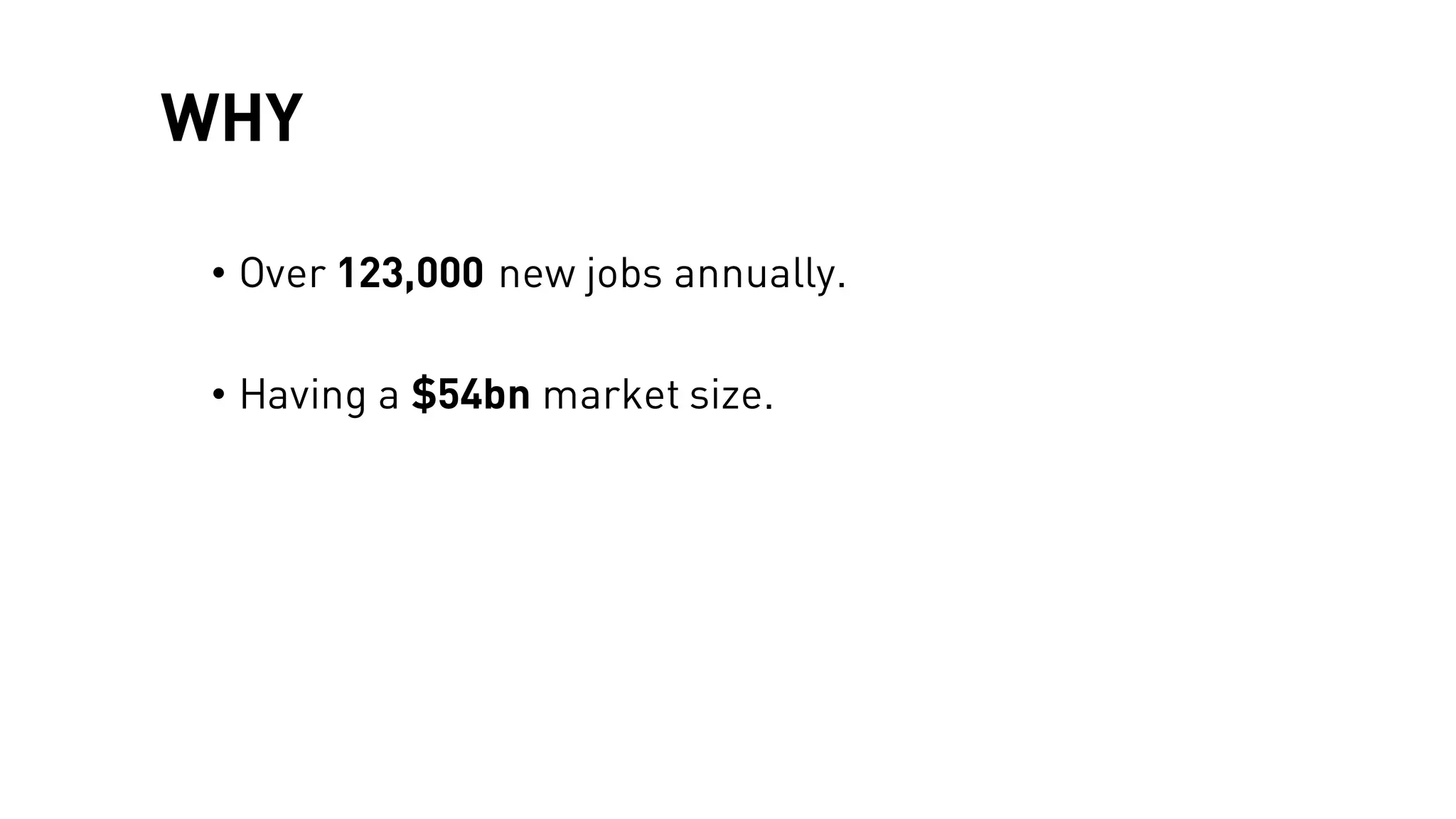 WHY
• Over 123,000 new jobs annually.
• Having a $54bn market size.
 