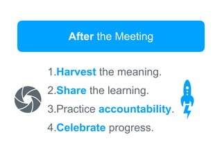 After the Meeting
1.Harvest the meaning.
2.Share the learning.
3.Practice accountability.
4.Celebrate progress.
 