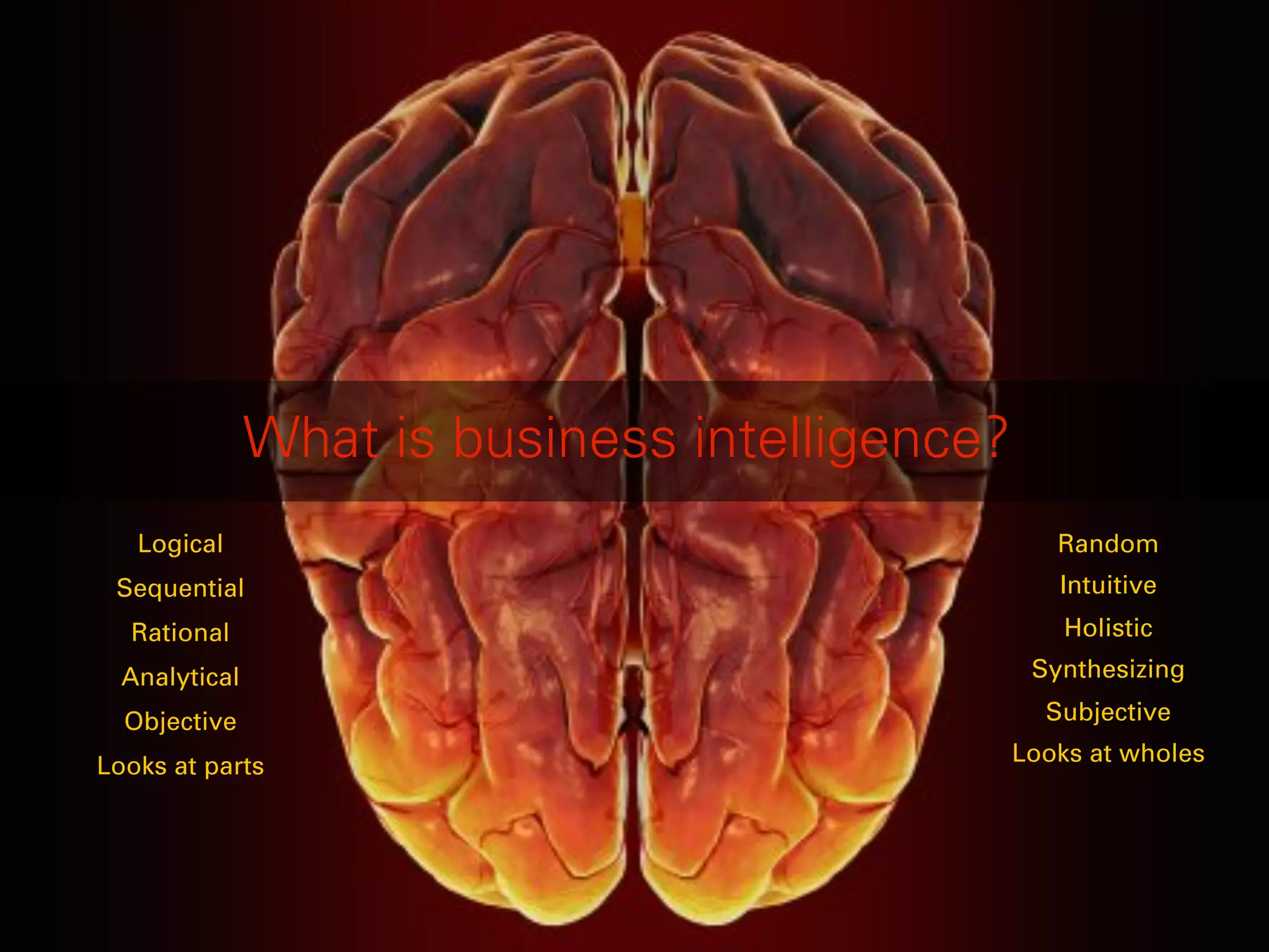 What is business intelligence?
   Logical                                         Random
 Sequential                                        Intuitive
  Rational                                          Holistic
  Analytical                                     Synthesizing

  Objective                                       Subjective
                                                Looks at wholes
Looks at parts
 