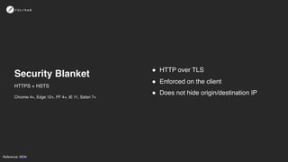 Security Blanket
! HTTP over TLS
! Enforced on the client
! Does not hide origin/destination IP
Chrome 4+, Edge 12+, FF 4+, IE 11, Safari 7+
Reference: MDN
HTTPS + HSTS
 