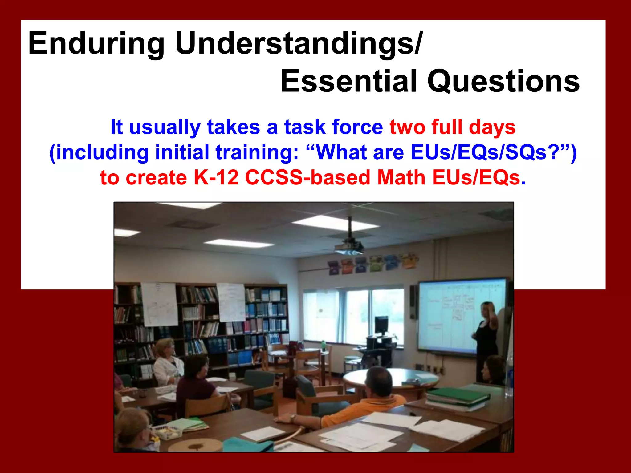 Enduring Understandings/
               Essential Questions
        It usually takes a task force two full days
 (including initial training: “What are EUs/EQs/SQs?”)
       to create K-12 CCSS-based Math EUs/EQs.
 