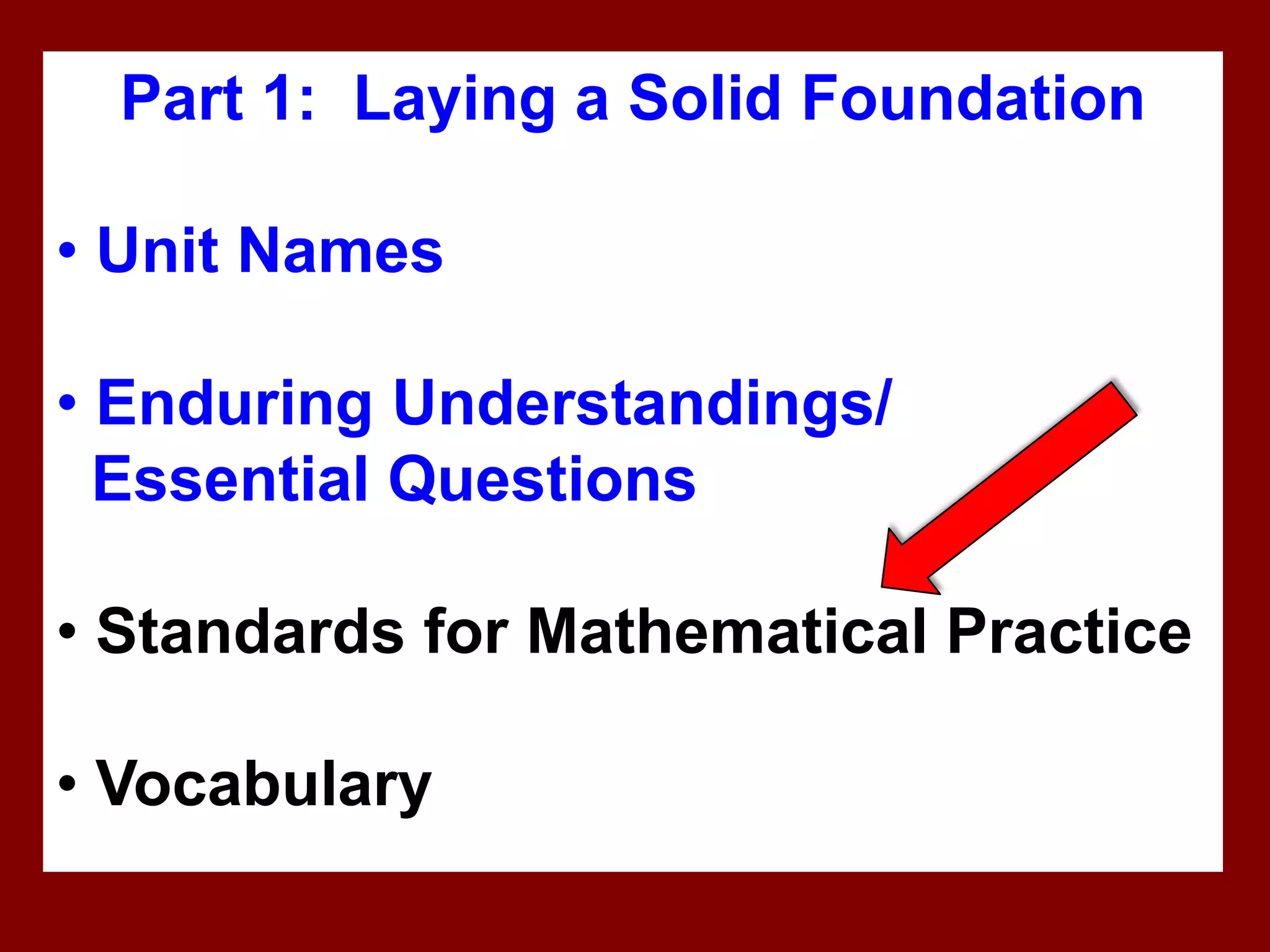 Part 1: Laying a Solid Foundation

• Unit Names

• Enduring Understandings/
  Essential Questions

• Standards for Mathematical Practice

• Vocabulary
 