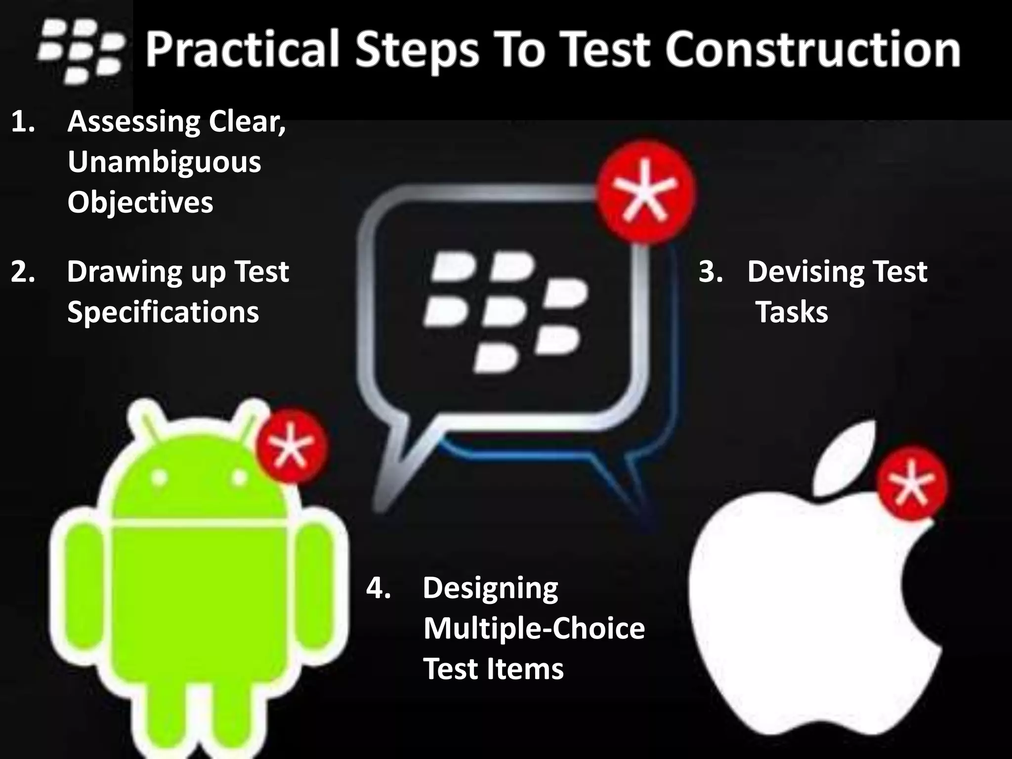 1. Assessing Clear,
Unambiguous
Objectives
2. Drawing up Test
Specifications
3. Devising Test
Tasks
4. Designing
Multiple-Choice
Test Items
 