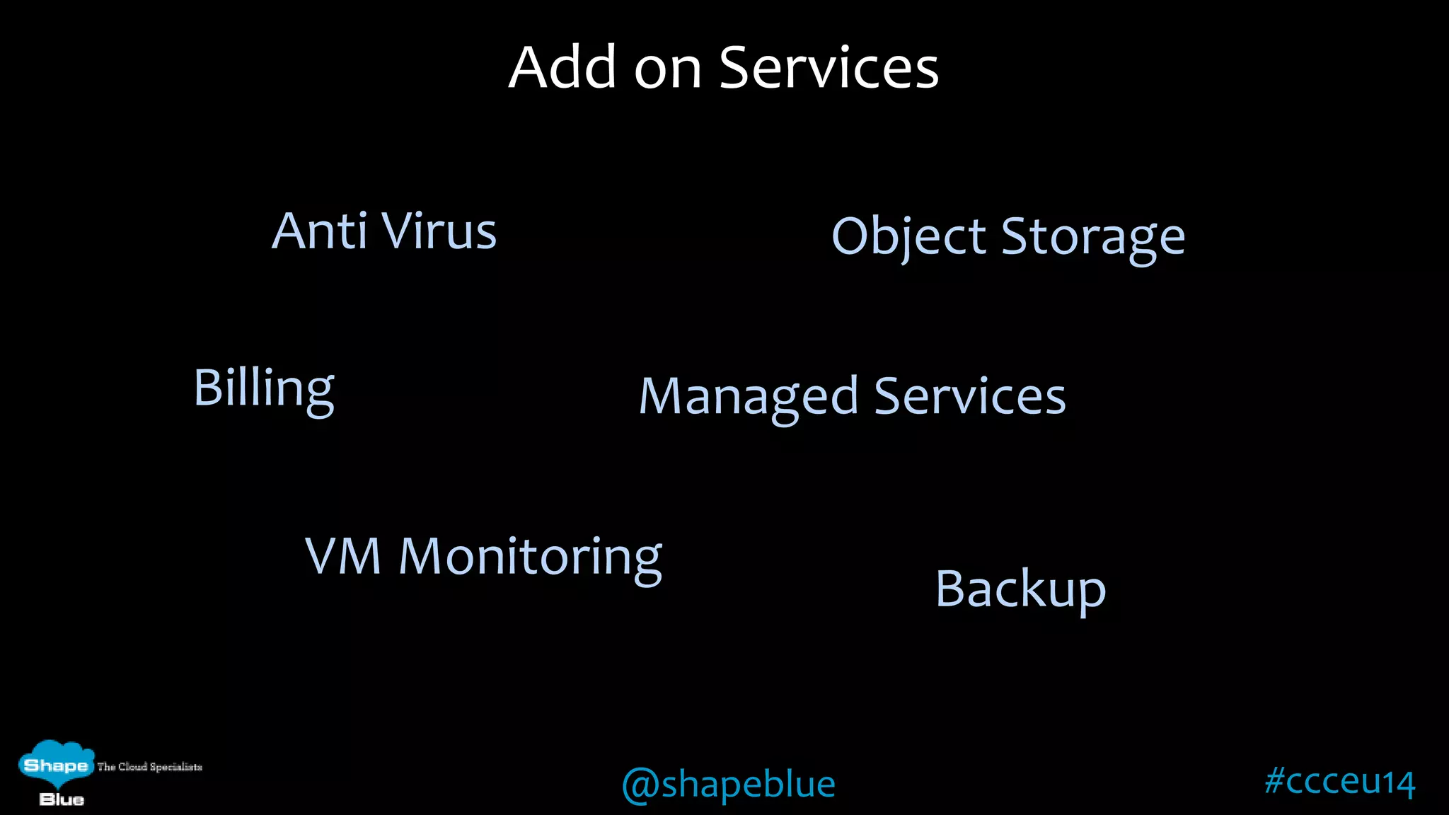 Add on Services 
Managed Services 
@shapeblue #ccceu14 
Billing 
Object Storage 
VM Monitoring 
Backup 
Anti Virus 
 