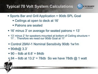 Typical 70 Volt System Calculations
 Control 29AV-1 Nominal Sensitivity 90db 1w1m
 90db@ 3.3’
 90 – 6db at 6.6’ = 84db
...