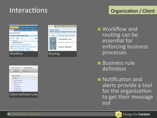 InteracRons	
                                                                    OrganizaRon	
  /	
  Client
                                                                                                            	
  


                                                                           n  Workﬂow	
  and	
  
                                                                             rouRng	
  can	
  be	
  
                                                                             essenRal	
  for	
  
                                                                             enforcing	
  business	
  
   Workﬂow	
                                                  RouRng	
       processes	
  
                                                                           n  Business	
  rule	
  
                                                                             deﬁniRon	
  	
  
                                                                           n  NoRﬁcaRon	
  and	
  
                                                                             alerts	
  provide	
  a	
  tool	
  
   Client-­‐deﬁned	
  rules	
  
                                                                             for	
  the	
  organizaRon	
  
                                                                             to	
  get	
  their	
  message	
  
                                                                             out	
  
86	
   UPA	
  Conference	
  	
  |	
  June	
  6,	
  2012	
  
 