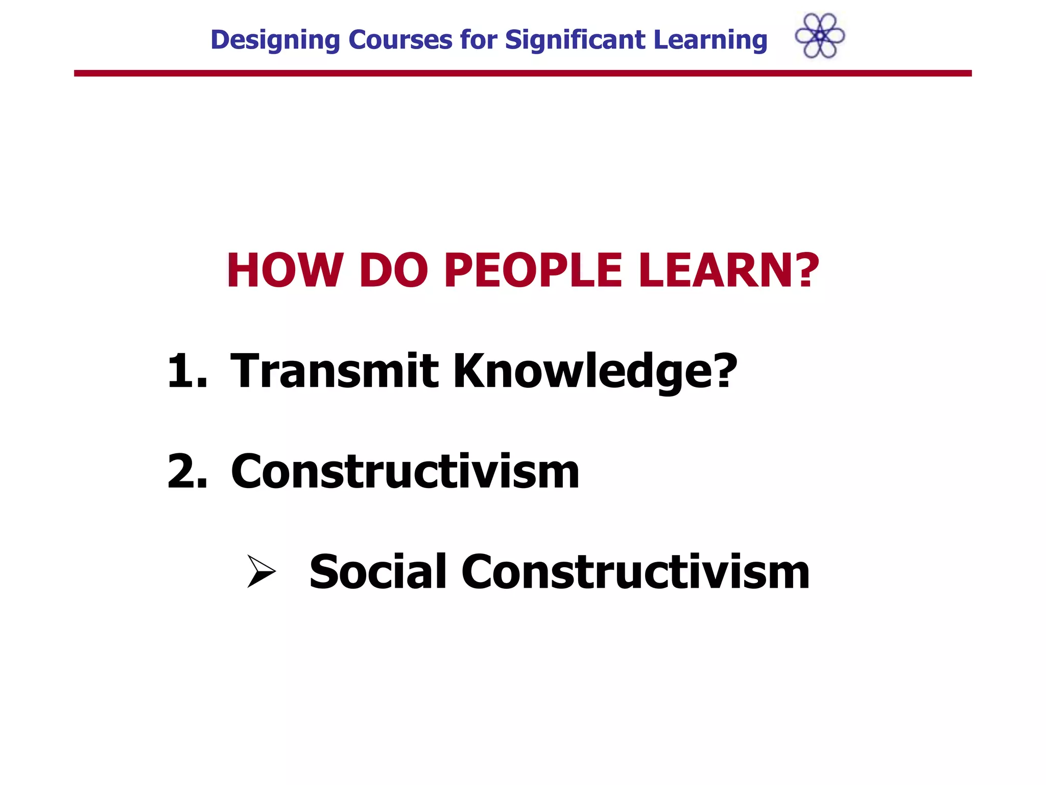HOW DO PEOPLE LEARN?Transmit Knowledge?ConstructivismSocial ConstructivismSocial Constructivism:We can construct our understanding of anything by ourselves, but...  