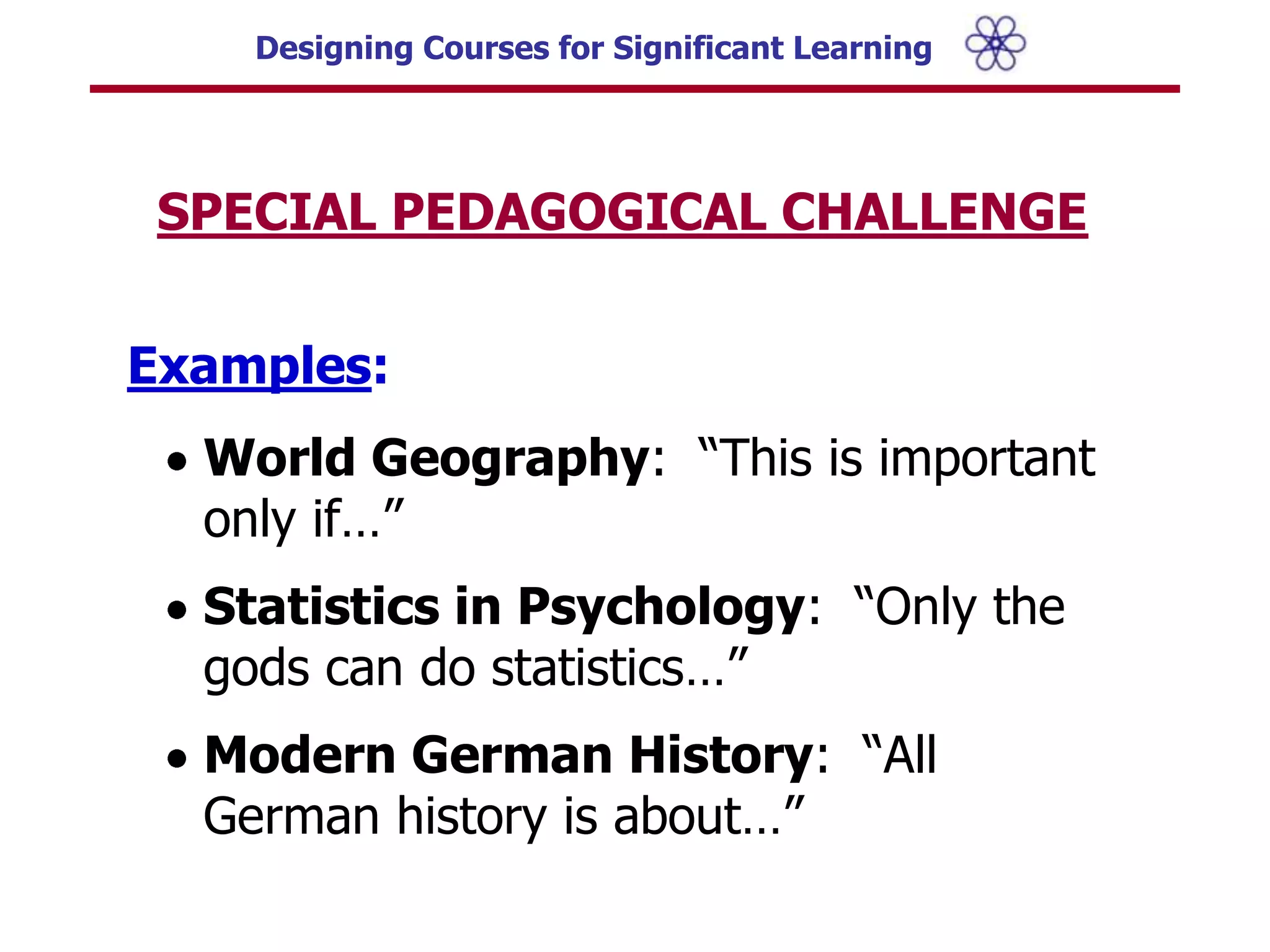 Nature of the SubjectPrimarily theoretical, practical, or some combination?Convergent or divergent?Important changes or controversies occurring?Characteristics of the LearnersTheir life situation (e.g., working, family, professional goals)?Their prior knowledge, experiences, and initial feelings?Their learning goals, expectations, and preferred learning styles?