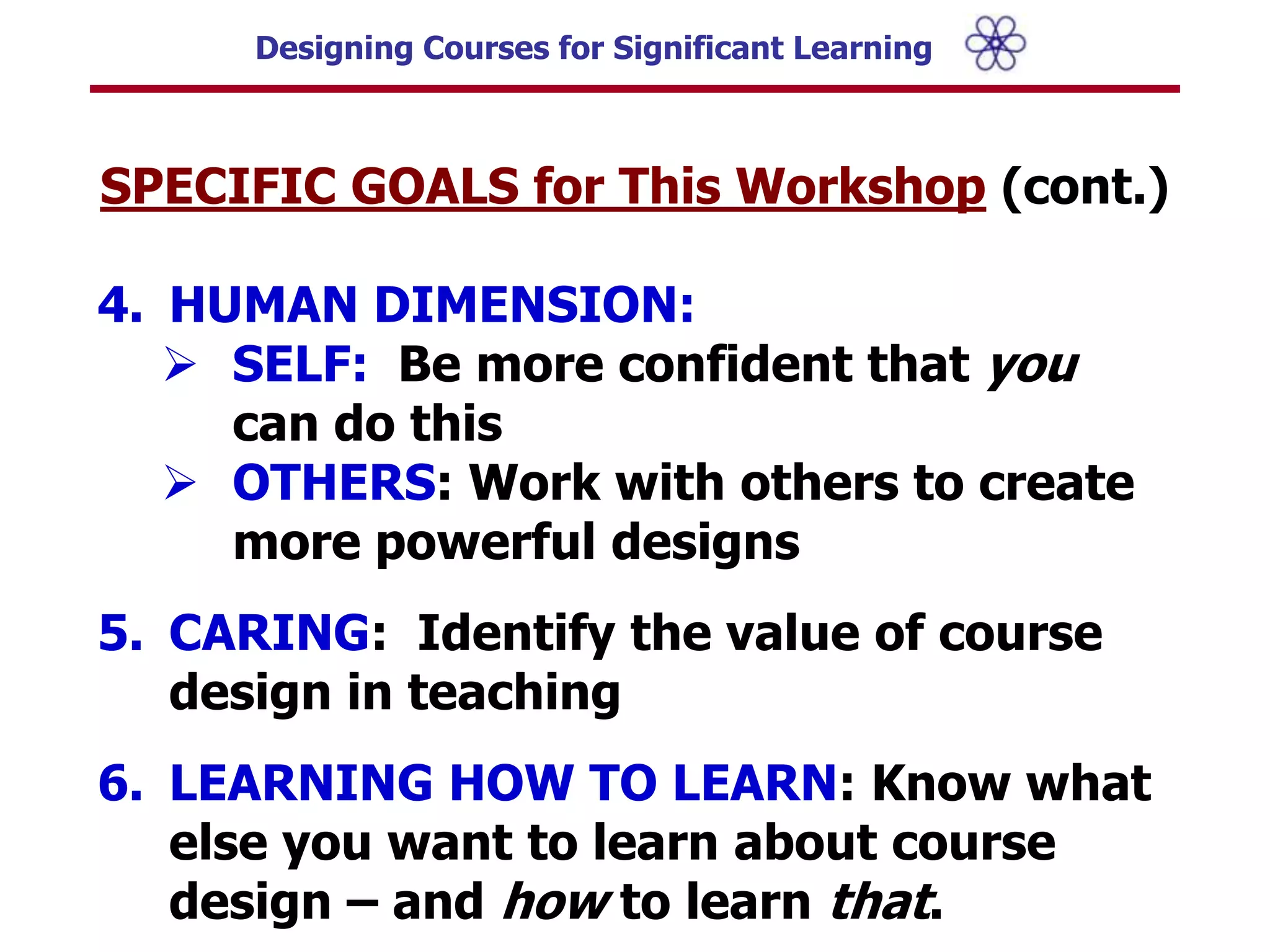 SPECIFIC GOALS for This Workshop(cont.)HUMAN DIMENSION:SELF:  Be more confident that you can do this