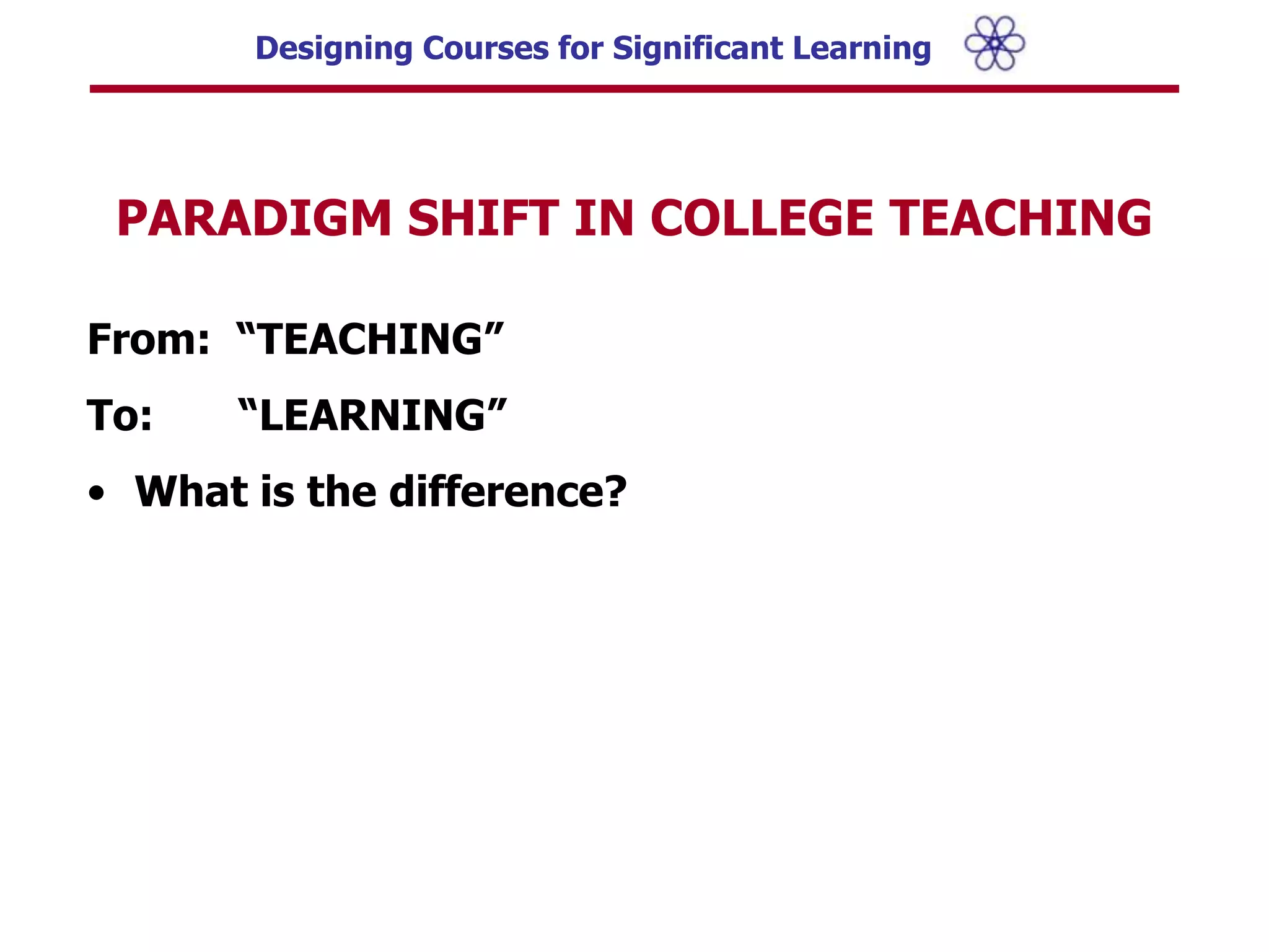 PARADIGM SHIFT IN COLLEGE TEACHINGFrom:  “TEACHING”To:	  “LEARNING”What is the difference?