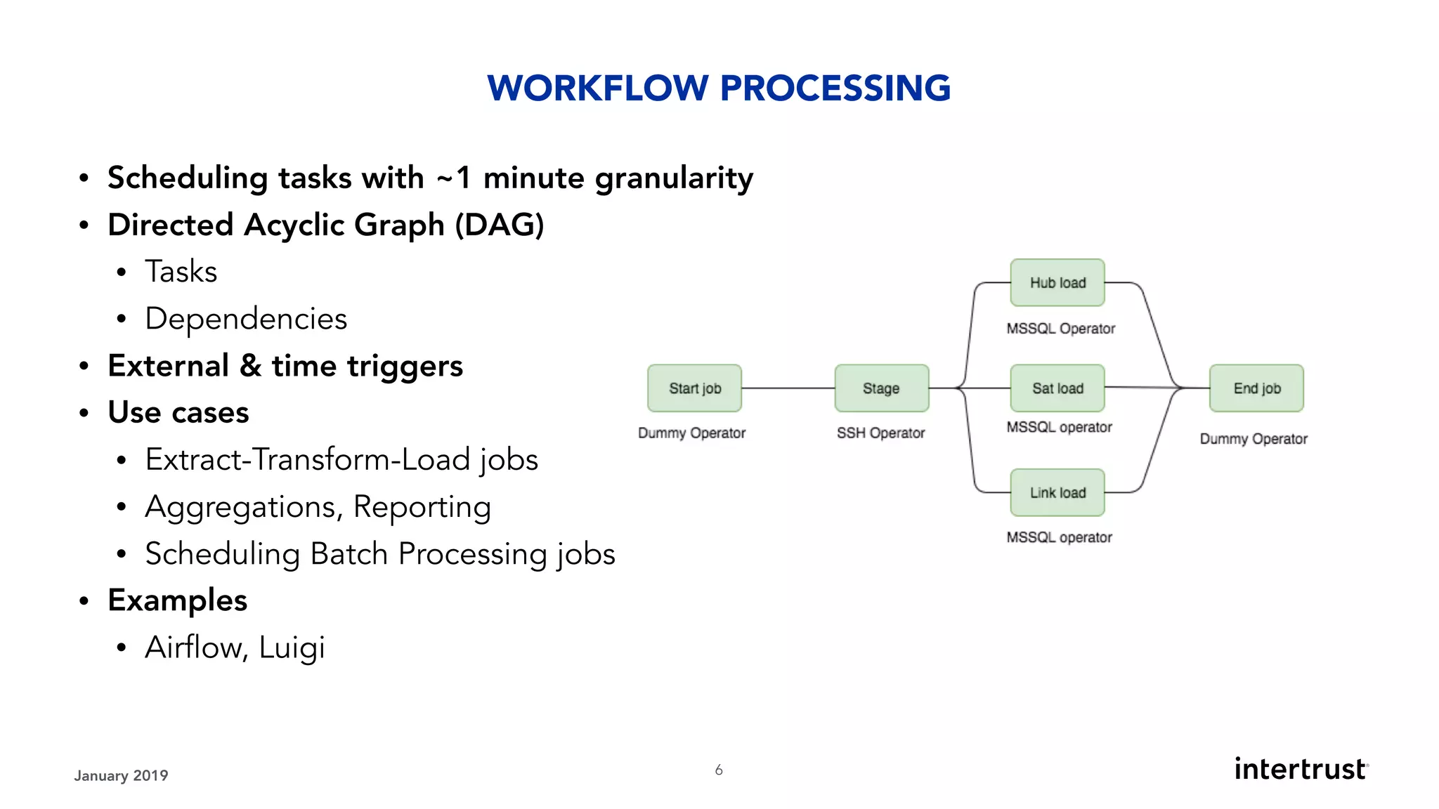 • Scheduling tasks with ~1 minute granularity
• Directed Acyclic Graph (DAG)
• Tasks
• Dependencies
• External & time triggers
• Use cases
• Extract-Transform-Load jobs
• Aggregations, Reporting
• Scheduling Batch Processing jobs
• Examples
• Airflow, Luigi 
January 2019 !6
WORKFLOW PROCESSING
 