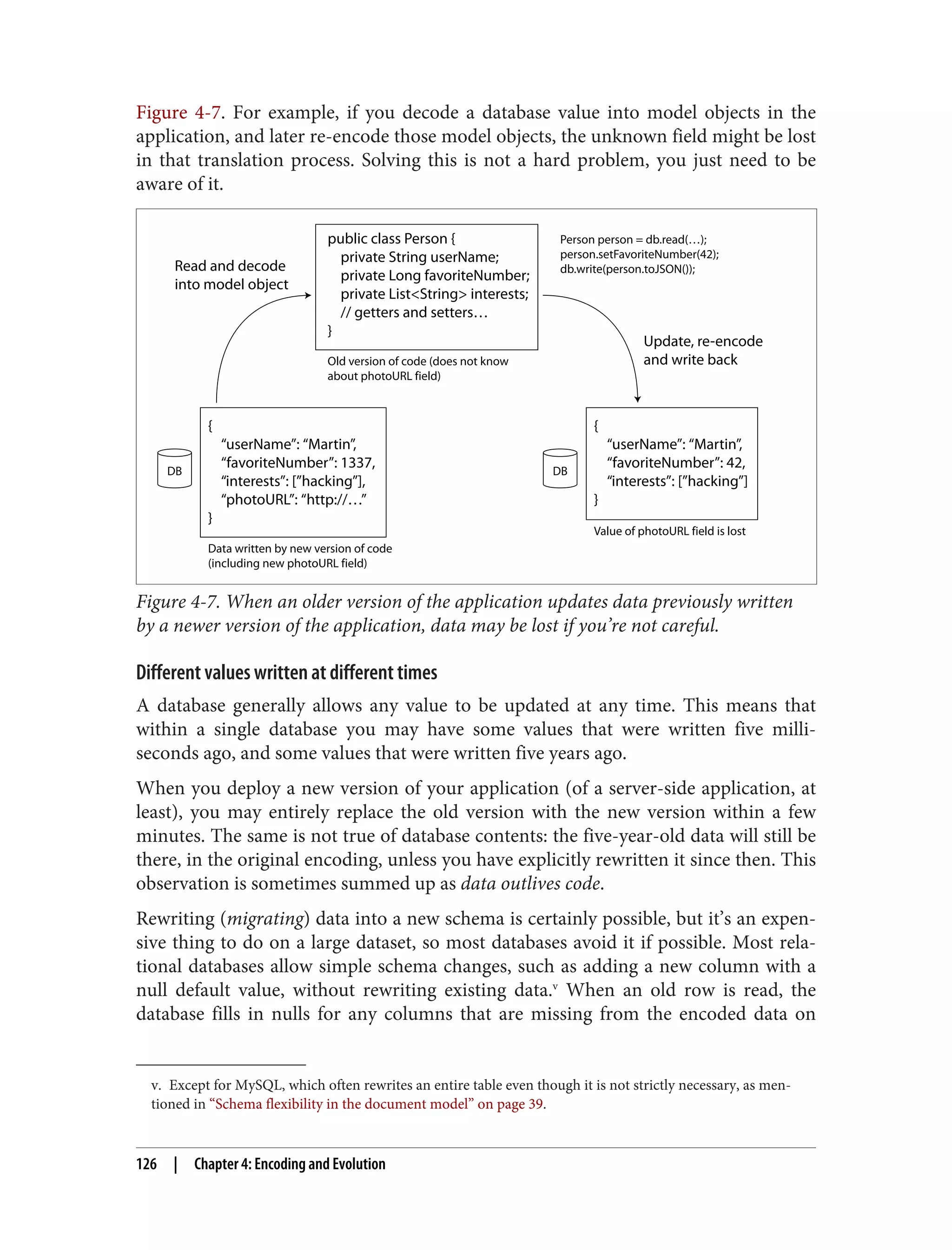 v. Except for MySQL, which often rewrites an entire table even though it is not strictly necessary, as men‐
tioned in “Schema flexibility in the document model” on page 39.
Figure 4-7. For example, if you decode a database value into model objects in the
application, and later re-encode those model objects, the unknown field might be lost
in that translation process. Solving this is not a hard problem, you just need to be
aware of it.
public class Person {
private String userName;
private Long favoriteNumber;
private List<String> interests;
// getters and setters…
}
Person person = db.read(…);
person.setFavoriteNumber(42);
db.write(person.toJSON());
{
“userName”: “Martin”,
“favoriteNumber”: 1337,
“interests”: [”hacking”],
“photoURL”: “http://…”
}
{
“userName”: “Martin”,
“favoriteNumber”: 42,
“interests”: [”hacking”]
}
Read and decode
into model object
Update, re-encode
and write back
Old version of code (does not know
about photoURL field)
Data written by new version of code
(including new photoURL field)
Value of photoURL field is lost
DB DB
Figure 4-7. When an older version of the application updates data previously written
by a newer version of the application, data may be lost if you’re not careful.
Different values written at different times
A database generally allows any value to be updated at any time. This means that
within a single database you may have some values that were written five milli‐
seconds ago, and some values that were written five years ago.
When you deploy a new version of your application (of a server-side application, at
least), you may entirely replace the old version with the new version within a few
minutes. The same is not true of database contents: the five-year-old data will still be
there, in the original encoding, unless you have explicitly rewritten it since then. This
observation is sometimes summed up as data outlives code.
Rewriting (migrating) data into a new schema is certainly possible, but it’s an expen‐
sive thing to do on a large dataset, so most databases avoid it if possible. Most rela‐
tional databases allow simple schema changes, such as adding a new column with a
null default value, without rewriting existing data.v
When an old row is read, the
database fills in nulls for any columns that are missing from the encoded data on
126 | Chapter 4: Encoding and Evolution
 