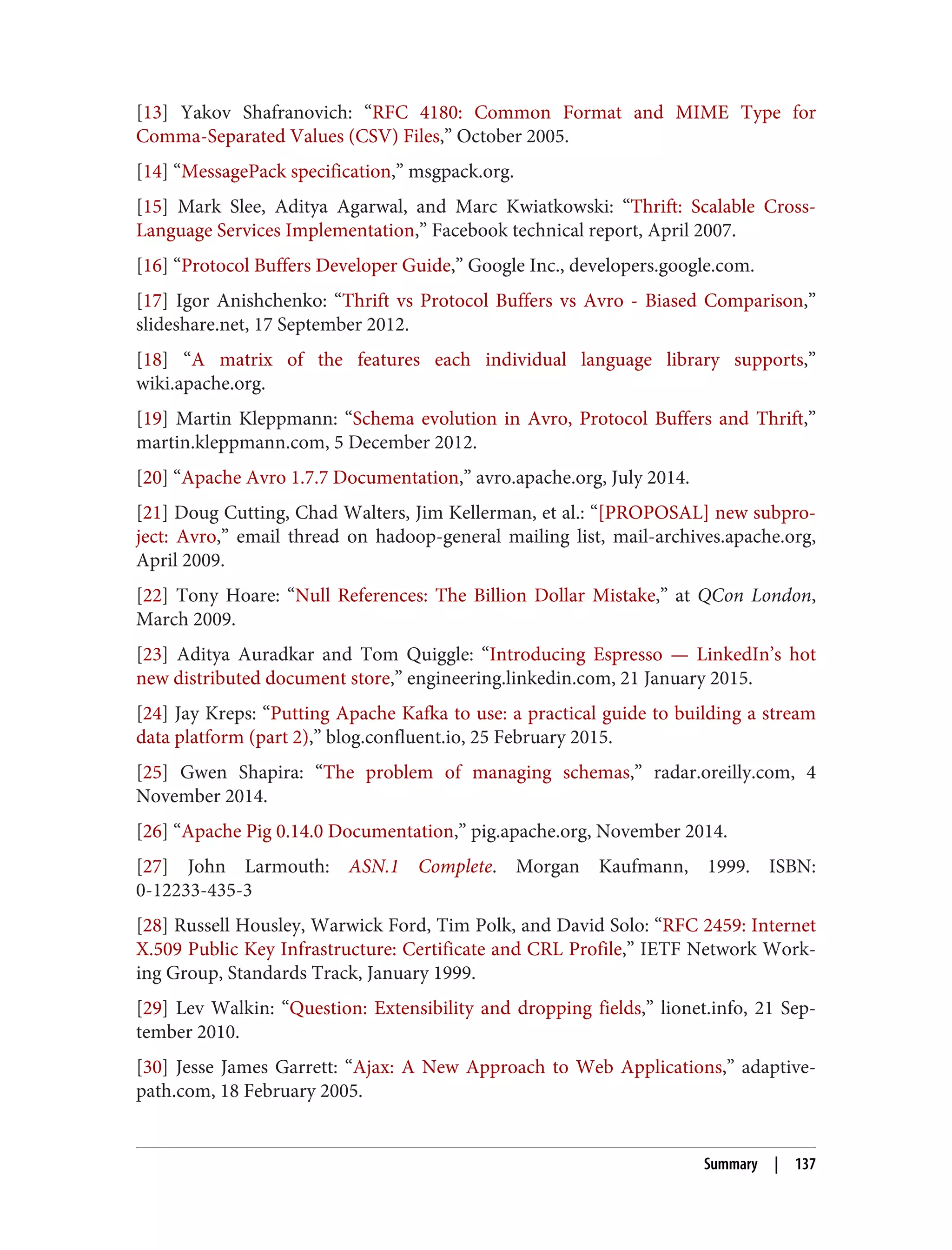 [13] Yakov Shafranovich: “RFC 4180: Common Format and MIME Type for
Comma-Separated Values (CSV) Files,” October 2005.
[14] “MessagePack specification,” msgpack.org.
[15] Mark Slee, Aditya Agarwal, and Marc Kwiatkowski: “Thrift: Scalable Cross-
Language Services Implementation,” Facebook technical report, April 2007.
[16] “Protocol Buffers Developer Guide,” Google Inc., developers.google.com.
[17] Igor Anishchenko: “Thrift vs Protocol Buffers vs Avro - Biased Comparison,”
slideshare.net, 17 September 2012.
[18] “A matrix of the features each individual language library supports,”
wiki.apache.org.
[19] Martin Kleppmann: “Schema evolution in Avro, Protocol Buffers and Thrift,”
martin.kleppmann.com, 5 December 2012.
[20] “Apache Avro 1.7.7 Documentation,” avro.apache.org, July 2014.
[21] Doug Cutting, Chad Walters, Jim Kellerman, et al.: “[PROPOSAL] new subpro‐
ject: Avro,” email thread on hadoop-general mailing list, mail-archives.apache.org,
April 2009.
[22] Tony Hoare: “Null References: The Billion Dollar Mistake,” at QCon London,
March 2009.
[23] Aditya Auradkar and Tom Quiggle: “Introducing Espresso — LinkedIn’s hot
new distributed document store,” engineering.linkedin.com, 21 January 2015.
[24] Jay Kreps: “Putting Apache Kafka to use: a practical guide to building a stream
data platform (part 2),” blog.confluent.io, 25 February 2015.
[25] Gwen Shapira: “The problem of managing schemas,” radar.oreilly.com, 4
November 2014.
[26] “Apache Pig 0.14.0 Documentation,” pig.apache.org, November 2014.
[27] John Larmouth: ASN.1 Complete. Morgan Kaufmann, 1999. ISBN:
0-12233-435-3
[28] Russell Housley, Warwick Ford, Tim Polk, and David Solo: “RFC 2459: Internet
X.509 Public Key Infrastructure: Certificate and CRL Profile,” IETF Network Work‐
ing Group, Standards Track, January 1999.
[29] Lev Walkin: “Question: Extensibility and dropping fields,” lionet.info, 21 Sep‐
tember 2010.
[30] Jesse James Garrett: “Ajax: A New Approach to Web Applications,” adaptive‐
path.com, 18 February 2005.
Summary | 137
 