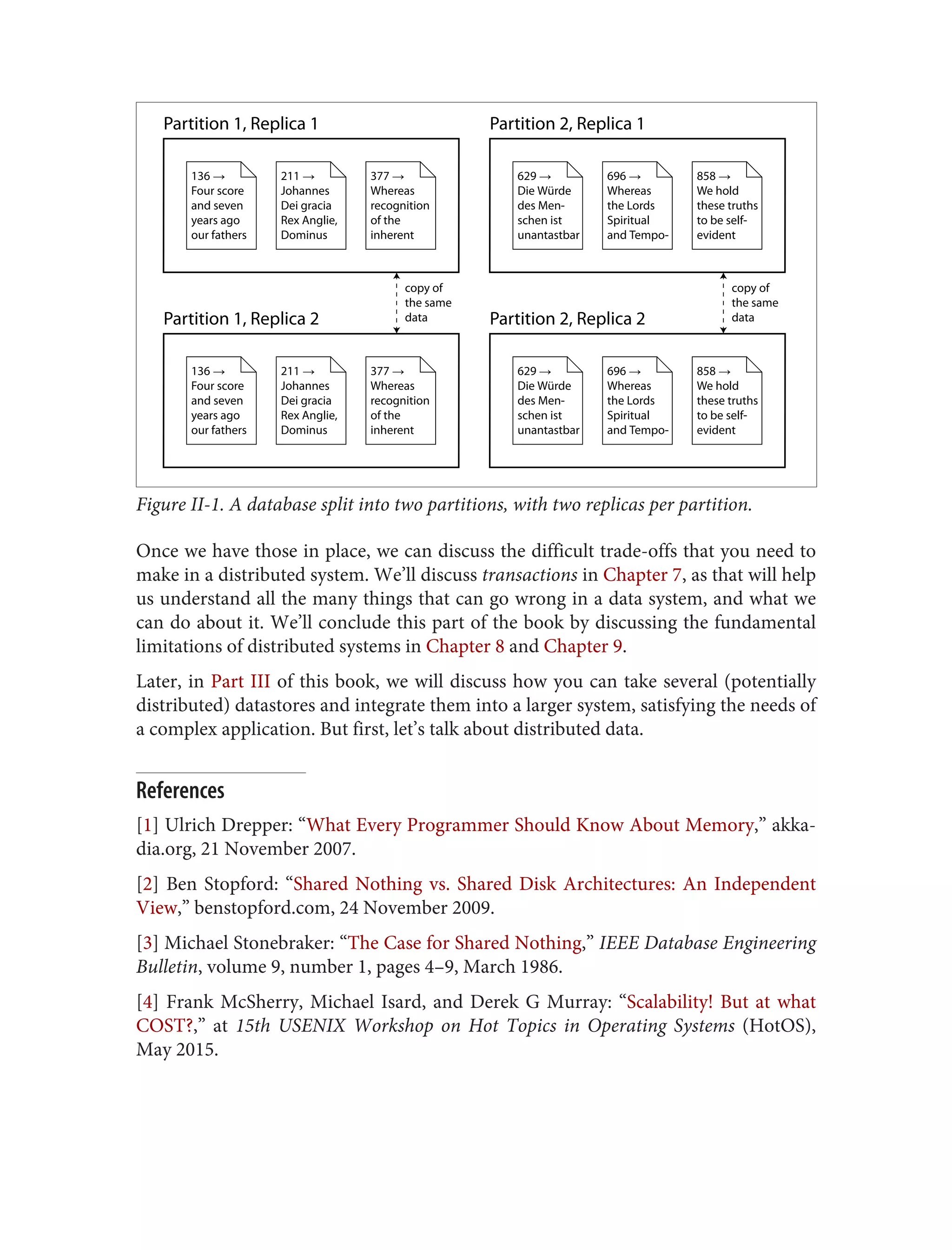 Partition 1, Replica 1 Partition 2, Replica 1
Partition 1, Replica 2 Partition 2, Replica 2
136
Four score
and seven
years ago
our fathers
211
Johannes
Dei gracia
Rex Anglie,
Dominus
377
Whereas
recognition
of the
inherent
629
Die Würde
des Men-
schen ist
unantastbar
696
Whereas
the Lords
Spiritual
and Tempo-
858
We hold
these truths
to be self-
evident
136
Four score
and seven
years ago
our fathers
211
Johannes
Dei gracia
Rex Anglie,
Dominus
377
Whereas
recognition
of the
inherent
629
Die Würde
des Men-
schen ist
unantastbar
696
Whereas
the Lords
Spiritual
and Tempo-
858
We hold
these truths
to be self-
evident
copy of
the same
data
copy of
the same
data
Figure II-1. A database split into two partitions, with two replicas per partition.
Once we have those in place, we can discuss the difficult trade-offs that you need to
make in a distributed system. We’ll discuss transactions in Chapter 7, as that will help
us understand all the many things that can go wrong in a data system, and what we
can do about it. We’ll conclude this part of the book by discussing the fundamental
limitations of distributed systems in Chapter 8 and Chapter 9.
Later, in Part III of this book, we will discuss how you can take several (potentially
distributed) datastores and integrate them into a larger system, satisfying the needs of
a complex application. But first, let’s talk about distributed data.
References
[1] Ulrich Drepper: “What Every Programmer Should Know About Memory,” akka‐
dia.org, 21 November 2007.
[2] Ben Stopford: “Shared Nothing vs. Shared Disk Architectures: An Independent
View,” benstopford.com, 24 November 2009.
[3] Michael Stonebraker: “The Case for Shared Nothing,” IEEE Database Engineering
Bulletin, volume 9, number 1, pages 4–9, March 1986.
[4] Frank McSherry, Michael Isard, and Derek G Murray: “Scalability! But at what
COST?,” at 15th USENIX Workshop on Hot Topics in Operating Systems (HotOS),
May 2015.
 