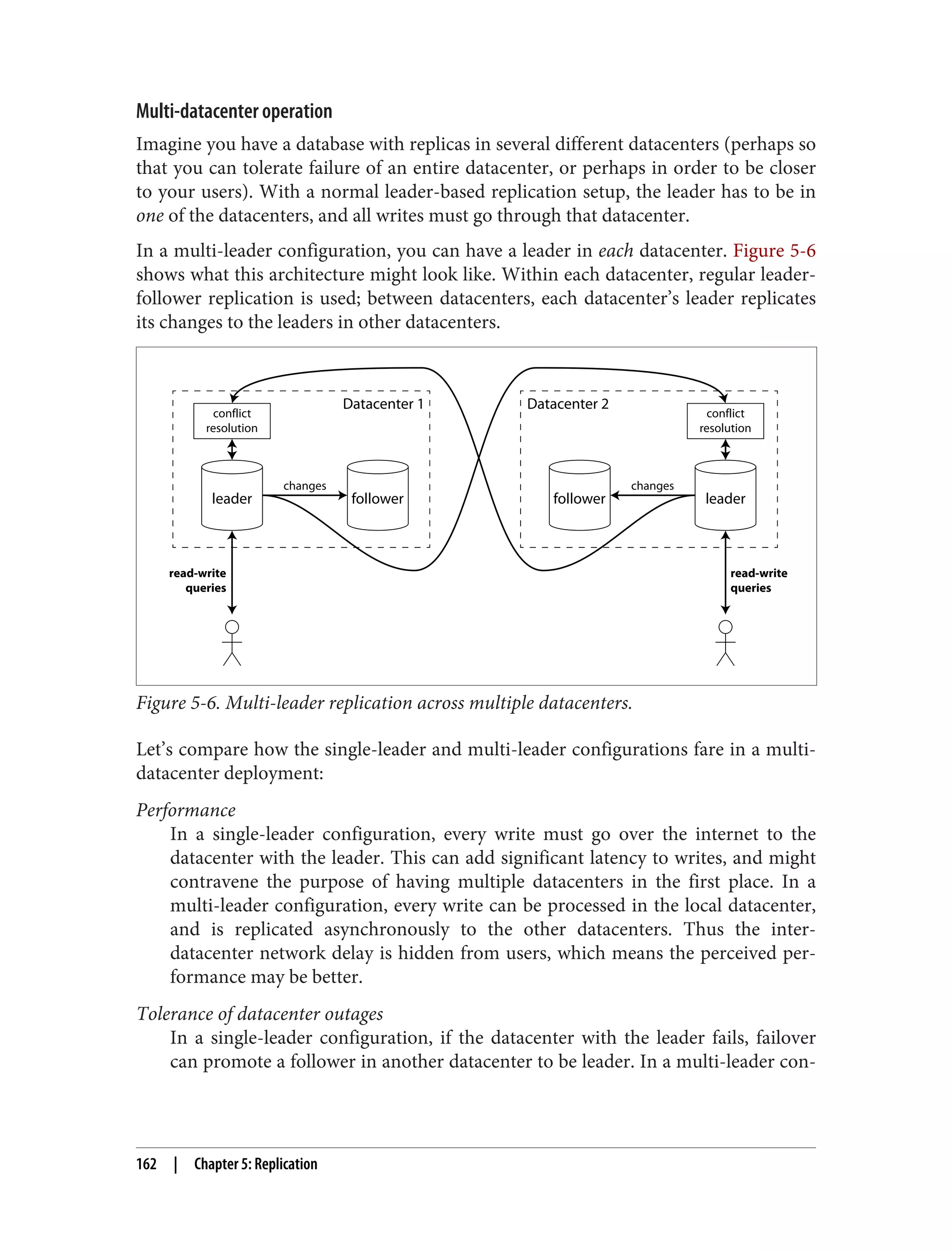 Multi-datacenter operation
Imagine you have a database with replicas in several different datacenters (perhaps so
that you can tolerate failure of an entire datacenter, or perhaps in order to be closer
to your users). With a normal leader-based replication setup, the leader has to be in
one of the datacenters, and all writes must go through that datacenter.
In a multi-leader configuration, you can have a leader in each datacenter. Figure 5-6
shows what this architecture might look like. Within each datacenter, regular leader-
follower replication is used; between datacenters, each datacenter’s leader replicates
its changes to the leaders in other datacenters.
follower
leader
changes
conflict
resolution
read-write
queries
leader
follower
changes
conflict
resolution
read-write
queries
Datacenter 1 Datacenter 2
Figure 5-6. Multi-leader replication across multiple datacenters.
Let’s compare how the single-leader and multi-leader configurations fare in a multi-
datacenter deployment:
Performance
In a single-leader configuration, every write must go over the internet to the
datacenter with the leader. This can add significant latency to writes, and might
contravene the purpose of having multiple datacenters in the first place. In a
multi-leader configuration, every write can be processed in the local datacenter,
and is replicated asynchronously to the other datacenters. Thus the inter-
datacenter network delay is hidden from users, which means the perceived per‐
formance may be better.
Tolerance of datacenter outages
In a single-leader configuration, if the datacenter with the leader fails, failover
can promote a follower in another datacenter to be leader. In a multi-leader con‐
162 | Chapter 5: Replication
 