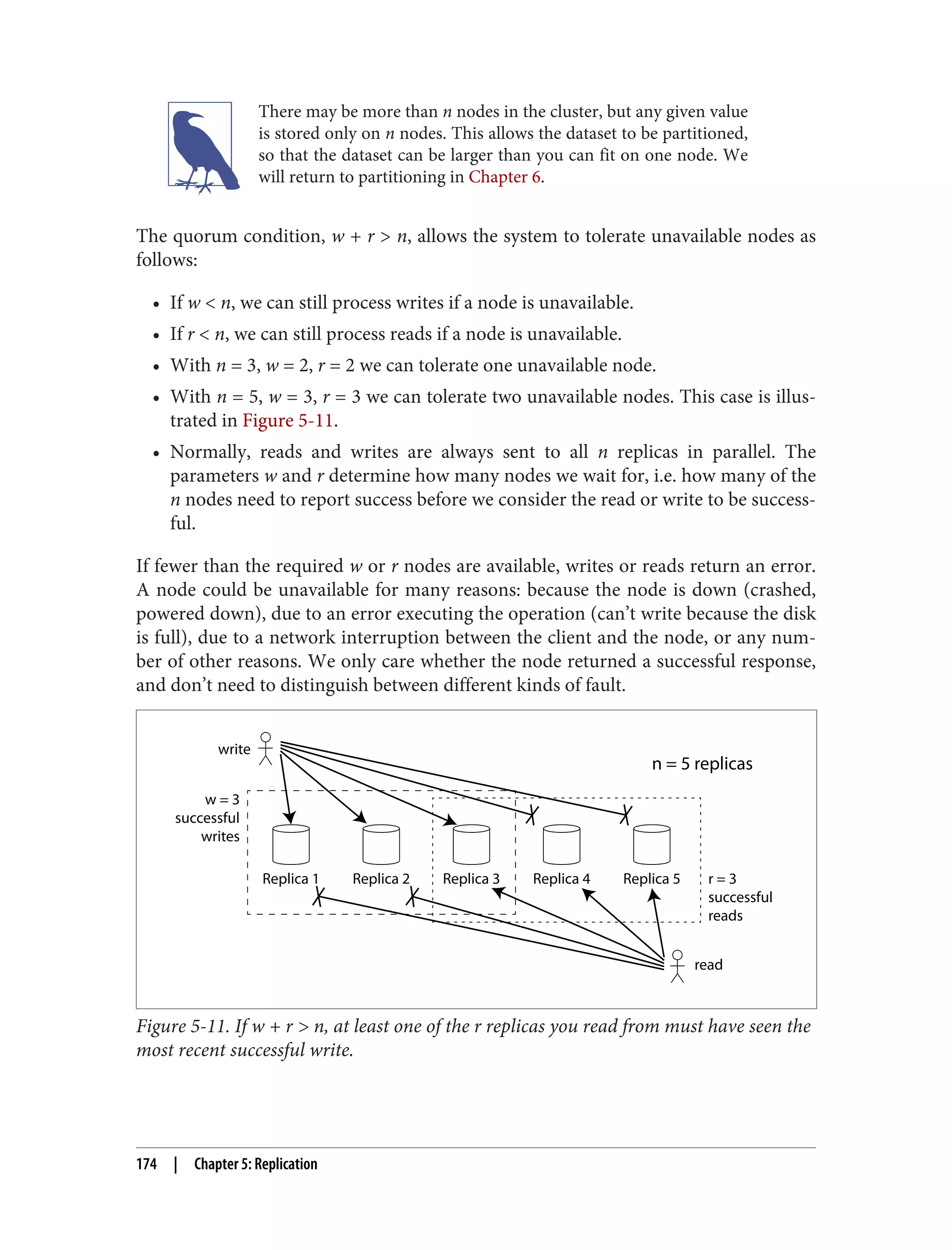 There may be more than n nodes in the cluster, but any given value
is stored only on n nodes. This allows the dataset to be partitioned,
so that the dataset can be larger than you can fit on one node. We
will return to partitioning in Chapter 6.
The quorum condition, w + r > n, allows the system to tolerate unavailable nodes as
follows:
• If w < n, we can still process writes if a node is unavailable.
• If r < n, we can still process reads if a node is unavailable.
• With n = 3, w = 2, r = 2 we can tolerate one unavailable node.
• With n = 5, w = 3, r = 3 we can tolerate two unavailable nodes. This case is illus‐
trated in Figure 5-11.
• Normally, reads and writes are always sent to all n replicas in parallel. The
parameters w and r determine how many nodes we wait for, i.e. how many of the
n nodes need to report success before we consider the read or write to be success‐
ful.
If fewer than the required w or r nodes are available, writes or reads return an error.
A node could be unavailable for many reasons: because the node is down (crashed,
powered down), due to an error executing the operation (can’t write because the disk
is full), due to a network interruption between the client and the node, or any num‐
ber of other reasons. We only care whether the node returned a successful response,
and don’t need to distinguish between different kinds of fault.
Replica 1 Replica 2 Replica 3 Replica 4 Replica 5
write
read
w = 3
successful
writes
r = 3
successful
reads
n = 5 replicas
Figure 5-11. If w + r > n, at least one of the r replicas you read from must have seen the
most recent successful write.
174 | Chapter 5: Replication
 