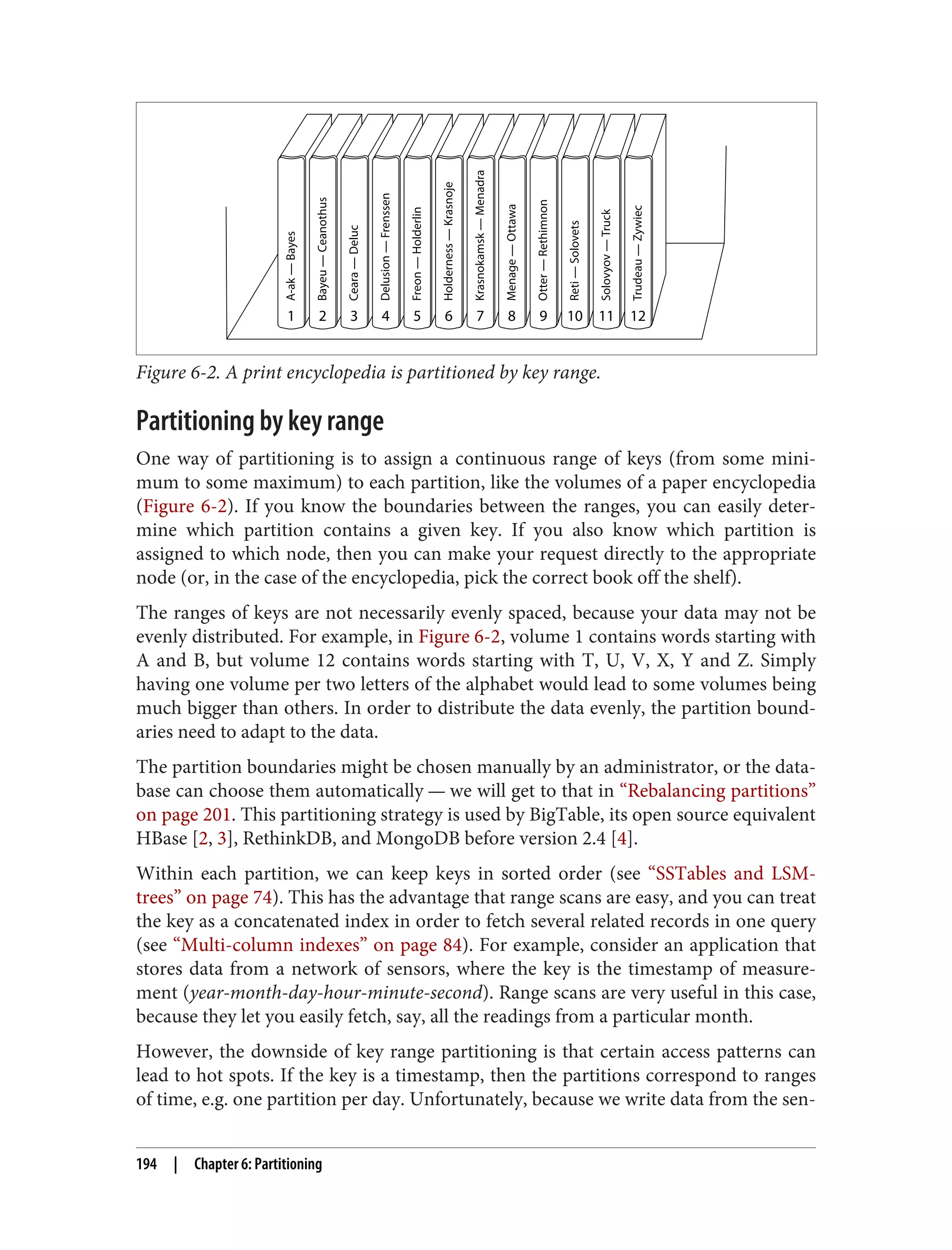 Holderness
—
Krasnoje
6
Freon
—
Holderlin
5
Otter
—
Rethimnon
9
Menage
—
Ottawa
8
Reti
—
Solovets
10
Solovyov
—
Truck
11
Trudeau
—
Zywiec
12
Delusion
—
Frenssen
4
Ceara
—
Deluc
3
Bayeu
—
Ceanothus
2
A-ak
—
Bayes
1
Krasnokamsk
—
Menadra
7
Figure 6-2. A print encyclopedia is partitioned by key range.
Partitioning by key range
One way of partitioning is to assign a continuous range of keys (from some mini‐
mum to some maximum) to each partition, like the volumes of a paper encyclopedia
(Figure 6-2). If you know the boundaries between the ranges, you can easily deter‐
mine which partition contains a given key. If you also know which partition is
assigned to which node, then you can make your request directly to the appropriate
node (or, in the case of the encyclopedia, pick the correct book off the shelf).
The ranges of keys are not necessarily evenly spaced, because your data may not be
evenly distributed. For example, in Figure 6-2, volume 1 contains words starting with
A and B, but volume 12 contains words starting with T, U, V, X, Y and Z. Simply
having one volume per two letters of the alphabet would lead to some volumes being
much bigger than others. In order to distribute the data evenly, the partition bound‐
aries need to adapt to the data.
The partition boundaries might be chosen manually by an administrator, or the data‐
base can choose them automatically — we will get to that in “Rebalancing partitions”
on page 201. This partitioning strategy is used by BigTable, its open source equivalent
HBase [2, 3], RethinkDB, and MongoDB before version 2.4 [4].
Within each partition, we can keep keys in sorted order (see “SSTables and LSM-
trees” on page 74). This has the advantage that range scans are easy, and you can treat
the key as a concatenated index in order to fetch several related records in one query
(see “Multi-column indexes” on page 84). For example, consider an application that
stores data from a network of sensors, where the key is the timestamp of measure‐
ment (year-month-day-hour-minute-second). Range scans are very useful in this case,
because they let you easily fetch, say, all the readings from a particular month.
However, the downside of key range partitioning is that certain access patterns can
lead to hot spots. If the key is a timestamp, then the partitions correspond to ranges
of time, e.g. one partition per day. Unfortunately, because we write data from the sen‐
194 | Chapter 6: Partitioning
 