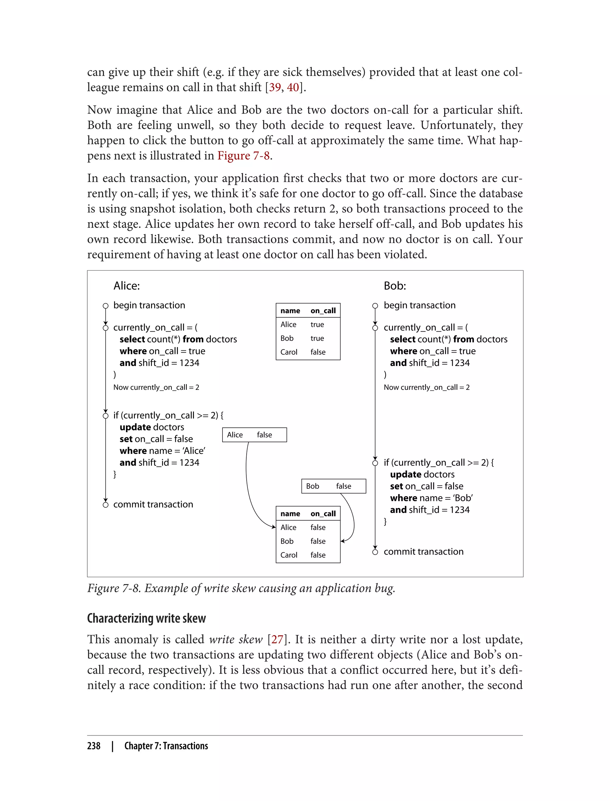 can give up their shift (e.g. if they are sick themselves) provided that at least one col‐
league remains on call in that shift [39, 40].
Now imagine that Alice and Bob are the two doctors on-call for a particular shift.
Both are feeling unwell, so they both decide to request leave. Unfortunately, they
happen to click the button to go off-call at approximately the same time. What hap‐
pens next is illustrated in Figure 7-8.
In each transaction, your application first checks that two or more doctors are cur‐
rently on-call; if yes, we think it’s safe for one doctor to go off-call. Since the database
is using snapshot isolation, both checks return 2, so both transactions proceed to the
next stage. Alice updates her own record to take herself off-call, and Bob updates his
own record likewise. Both transactions commit, and now no doctor is on call. Your
requirement of having at least one doctor on call has been violated.
name on_call
Alice true
Bob true
Carol false
Alice false
Bob false
Now currently_on_call = 2 Now currently_on_call = 2
name on_call
Alice false
Bob false
Carol false
begin transaction
currently_on_call = (
select count(*) from doctors
where on_call = true
and shift_id = 1234
)
if (currently_on_call >= 2) {
update doctors
set on_call = false
where name = ‘Alice’
and shift_id = 1234
}
commit transaction
begin transaction
currently_on_call = (
select count(*) from doctors
where on_call = true
and shift_id = 1234
)
if (currently_on_call >= 2) {
update doctors
set on_call = false
where name = ‘Bob’
and shift_id = 1234
}
commit transaction
Alice: Bob:
Figure 7-8. Example of write skew causing an application bug.
Characterizing write skew
This anomaly is called write skew [27]. It is neither a dirty write nor a lost update,
because the two transactions are updating two different objects (Alice and Bob’s on-
call record, respectively). It is less obvious that a conflict occurred here, but it’s defi‐
nitely a race condition: if the two transactions had run one after another, the second
238 | Chapter 7: Transactions
 