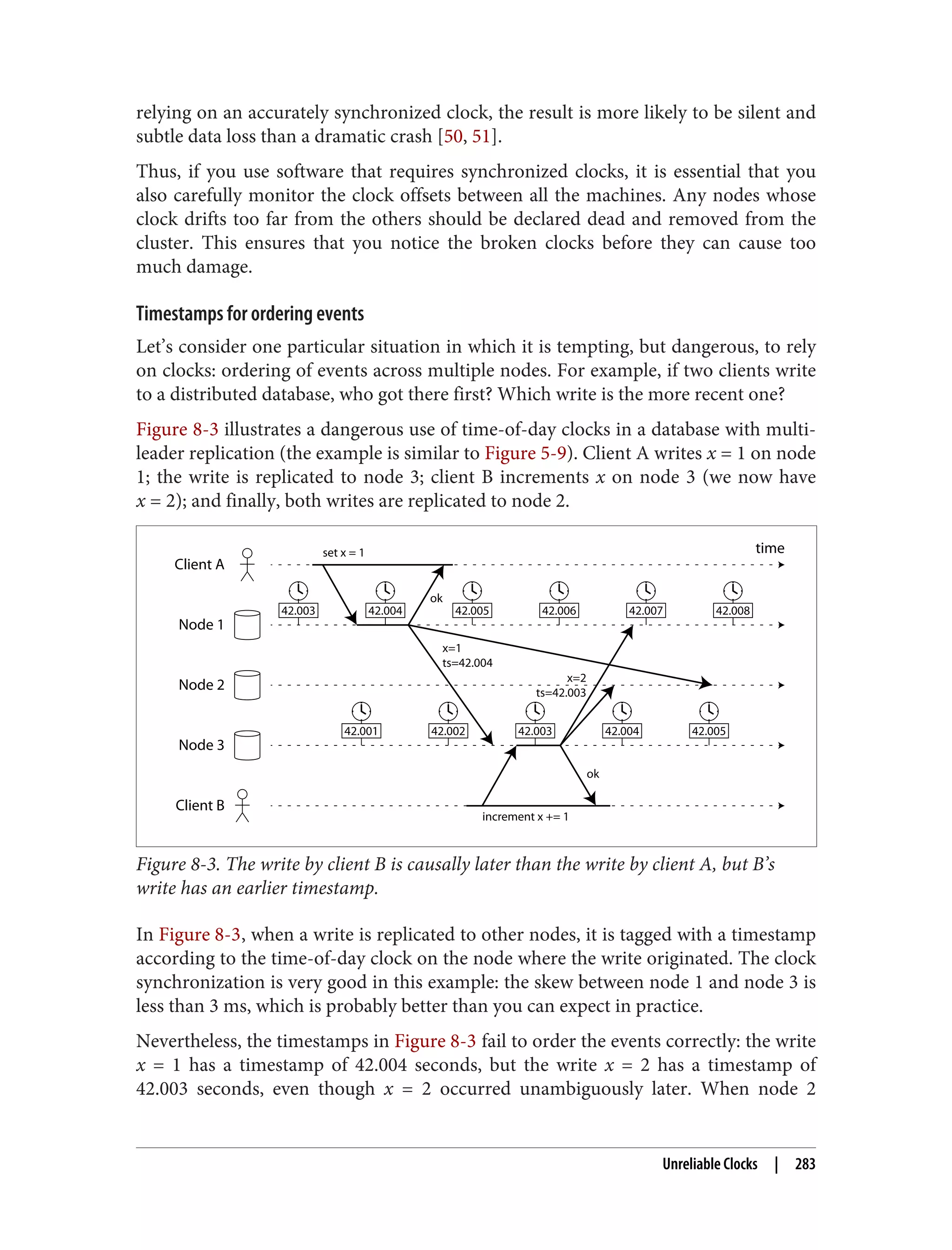 relying on an accurately synchronized clock, the result is more likely to be silent and
subtle data loss than a dramatic crash [50, 51].
Thus, if you use software that requires synchronized clocks, it is essential that you
also carefully monitor the clock offsets between all the machines. Any nodes whose
clock drifts too far from the others should be declared dead and removed from the
cluster. This ensures that you notice the broken clocks before they can cause too
much damage.
Timestamps for ordering events
Let’s consider one particular situation in which it is tempting, but dangerous, to rely
on clocks: ordering of events across multiple nodes. For example, if two clients write
to a distributed database, who got there first? Which write is the more recent one?
Figure 8-3 illustrates a dangerous use of time-of-day clocks in a database with multi-
leader replication (the example is similar to Figure 5-9). Client A writes x = 1 on node
1; the write is replicated to node 3; client B increments x on node 3 (we now have
x = 2); and finally, both writes are replicated to node 2.
Client A
Client B
Node 1
Node 2
Node 3
time
ok
x=2
ts=42.003
x=1
ts=42.004
ok
set x = 1
increment x += 1
42.003 42.004 42.005 42.006 42.007 42.008
42.001 42.002 42.003 42.004 42.005
Figure 8-3. The write by client B is causally later than the write by client A, but B’s
write has an earlier timestamp.
In Figure 8-3, when a write is replicated to other nodes, it is tagged with a timestamp
according to the time-of-day clock on the node where the write originated. The clock
synchronization is very good in this example: the skew between node 1 and node 3 is
less than 3 ms, which is probably better than you can expect in practice.
Nevertheless, the timestamps in Figure 8-3 fail to order the events correctly: the write
x = 1 has a timestamp of 42.004 seconds, but the write x = 2 has a timestamp of
42.003 seconds, even though x = 2 occurred unambiguously later. When node 2
Unreliable Clocks | 283
 