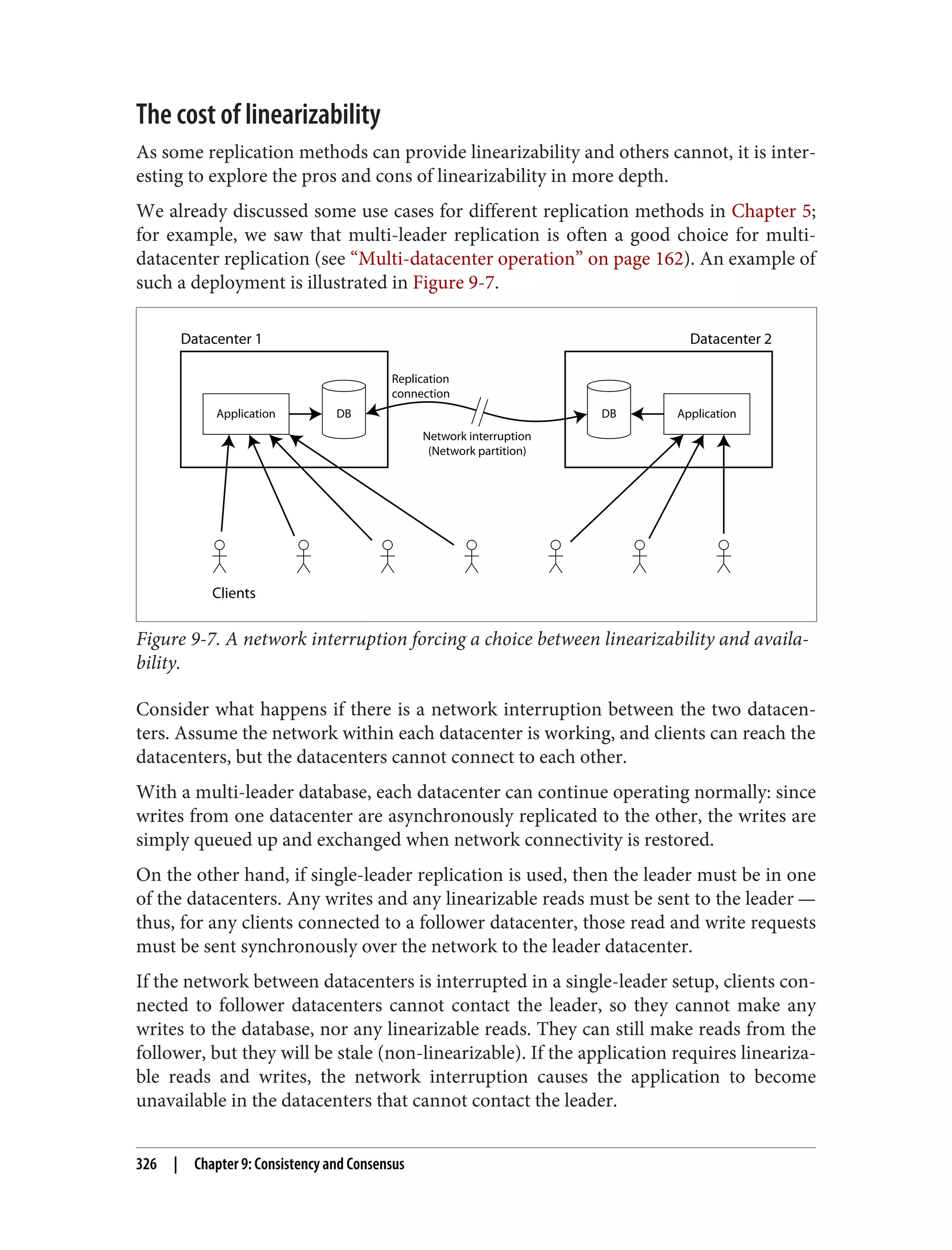 The cost of linearizability
As some replication methods can provide linearizability and others cannot, it is inter‐
esting to explore the pros and cons of linearizability in more depth.
We already discussed some use cases for different replication methods in Chapter 5;
for example, we saw that multi-leader replication is often a good choice for multi-
datacenter replication (see “Multi-datacenter operation” on page 162). An example of
such a deployment is illustrated in Figure 9-7.
Datacenter 1
Clients
Application DB
Datacenter 2
Application
DB
Replication
connection
Network interruption
(Network partition)
Figure 9-7. A network interruption forcing a choice between linearizability and availa‐
bility.
Consider what happens if there is a network interruption between the two datacen‐
ters. Assume the network within each datacenter is working, and clients can reach the
datacenters, but the datacenters cannot connect to each other.
With a multi-leader database, each datacenter can continue operating normally: since
writes from one datacenter are asynchronously replicated to the other, the writes are
simply queued up and exchanged when network connectivity is restored.
On the other hand, if single-leader replication is used, then the leader must be in one
of the datacenters. Any writes and any linearizable reads must be sent to the leader —
thus, for any clients connected to a follower datacenter, those read and write requests
must be sent synchronously over the network to the leader datacenter.
If the network between datacenters is interrupted in a single-leader setup, clients con‐
nected to follower datacenters cannot contact the leader, so they cannot make any
writes to the database, nor any linearizable reads. They can still make reads from the
follower, but they will be stale (non-linearizable). If the application requires lineariza‐
ble reads and writes, the network interruption causes the application to become
unavailable in the datacenters that cannot contact the leader.
326 | Chapter 9: Consistency and Consensus
 