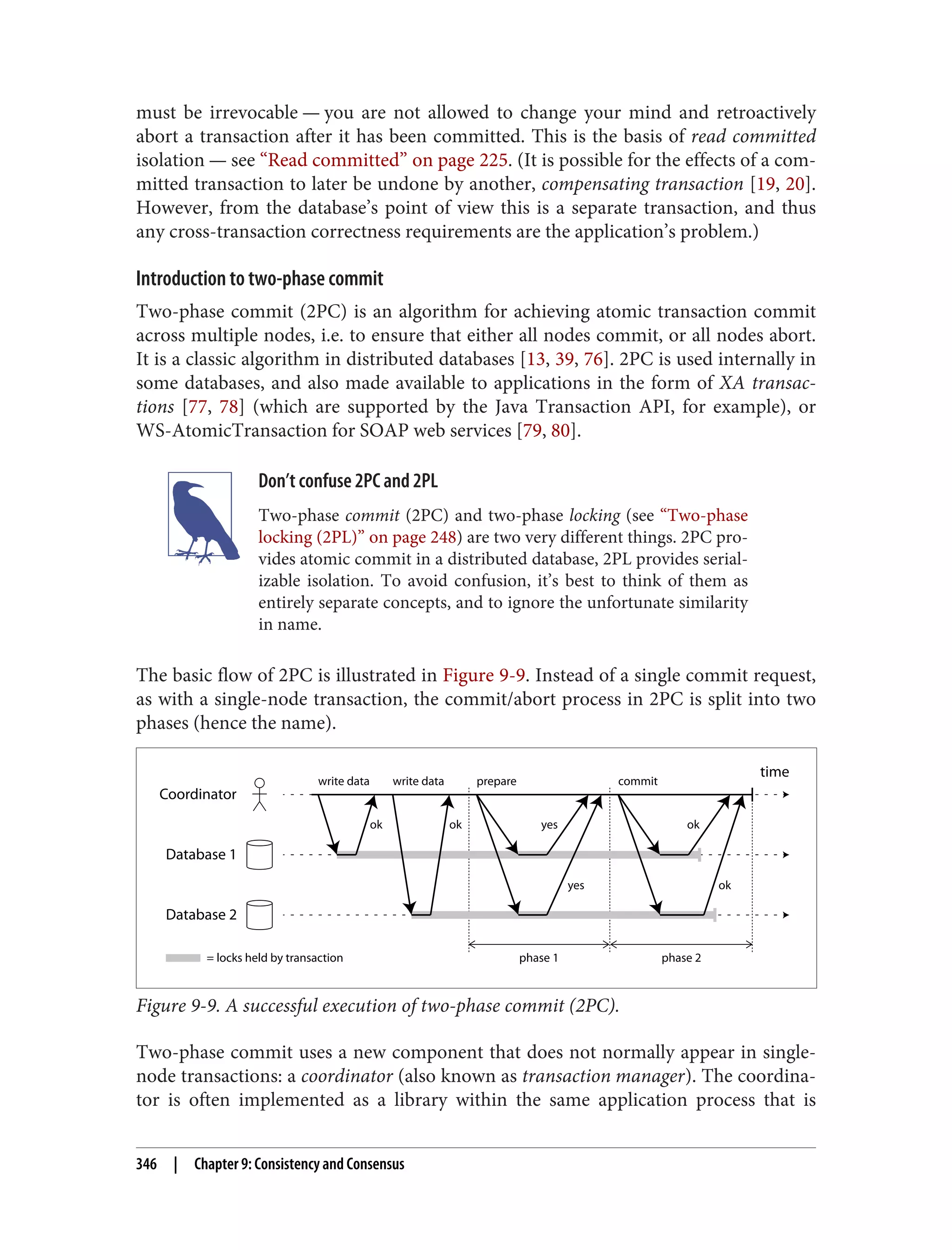 must be irrevocable — you are not allowed to change your mind and retroactively
abort a transaction after it has been committed. This is the basis of read committed
isolation — see “Read committed” on page 225. (It is possible for the effects of a com‐
mitted transaction to later be undone by another, compensating transaction [19, 20].
However, from the database’s point of view this is a separate transaction, and thus
any cross-transaction correctness requirements are the application’s problem.)
Introduction to two-phase commit
Two-phase commit (2PC) is an algorithm for achieving atomic transaction commit
across multiple nodes, i.e. to ensure that either all nodes commit, or all nodes abort.
It is a classic algorithm in distributed databases [13, 39, 76]. 2PC is used internally in
some databases, and also made available to applications in the form of XA transac‐
tions [77, 78] (which are supported by the Java Transaction API, for example), or
WS-AtomicTransaction for SOAP web services [79, 80].
Don’t confuse 2PC and 2PL
Two-phase commit (2PC) and two-phase locking (see “Two-phase
locking (2PL)” on page 248) are two very different things. 2PC pro‐
vides atomic commit in a distributed database, 2PL provides serial‐
izable isolation. To avoid confusion, it’s best to think of them as
entirely separate concepts, and to ignore the unfortunate similarity
in name.
The basic flow of 2PC is illustrated in Figure 9-9. Instead of a single commit request,
as with a single-node transaction, the commit/abort process in 2PC is split into two
phases (hence the name).
Coordinator
Database 1
Database 2
time
ok
yes
yes
ok
write data write data prepare
phase 1
= locks held by transaction phase 2
ok
ok
commit
Figure 9-9. A successful execution of two-phase commit (2PC).
Two-phase commit uses a new component that does not normally appear in single-
node transactions: a coordinator (also known as transaction manager). The coordina‐
tor is often implemented as a library within the same application process that is
346 | Chapter 9: Consistency and Consensus
 
