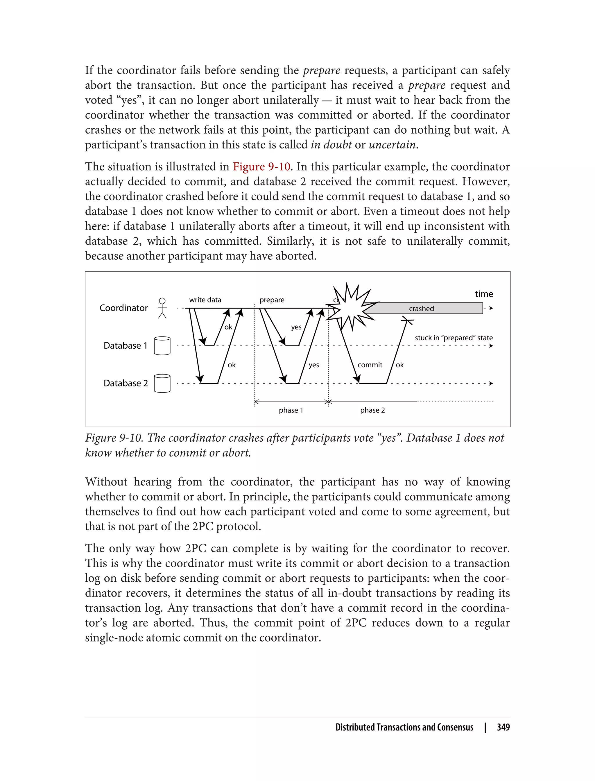 If the coordinator fails before sending the prepare requests, a participant can safely
abort the transaction. But once the participant has received a prepare request and
voted “yes”, it can no longer abort unilaterally — it must wait to hear back from the
coordinator whether the transaction was committed or aborted. If the coordinator
crashes or the network fails at this point, the participant can do nothing but wait. A
participant’s transaction in this state is called in doubt or uncertain.
The situation is illustrated in Figure 9-10. In this particular example, the coordinator
actually decided to commit, and database 2 received the commit request. However,
the coordinator crashed before it could send the commit request to database 1, and so
database 1 does not know whether to commit or abort. Even a timeout does not help
here: if database 1 unilaterally aborts after a timeout, it will end up inconsistent with
database 2, which has committed. Similarly, it is not safe to unilaterally commit,
because another participant may have aborted.
Coordinator
Database 1
Database 2
time
ok
ok yes
yes
write data prepare
phase 1 phase 2
ok
commit
commit
crashed
stuck in “prepared” state
Figure 9-10. The coordinator crashes after participants vote “yes”. Database 1 does not
know whether to commit or abort.
Without hearing from the coordinator, the participant has no way of knowing
whether to commit or abort. In principle, the participants could communicate among
themselves to find out how each participant voted and come to some agreement, but
that is not part of the 2PC protocol.
The only way how 2PC can complete is by waiting for the coordinator to recover.
This is why the coordinator must write its commit or abort decision to a transaction
log on disk before sending commit or abort requests to participants: when the coor‐
dinator recovers, it determines the status of all in-doubt transactions by reading its
transaction log. Any transactions that don’t have a commit record in the coordina‐
tor’s log are aborted. Thus, the commit point of 2PC reduces down to a regular
single-node atomic commit on the coordinator.
Distributed Transactions and Consensus | 349
 