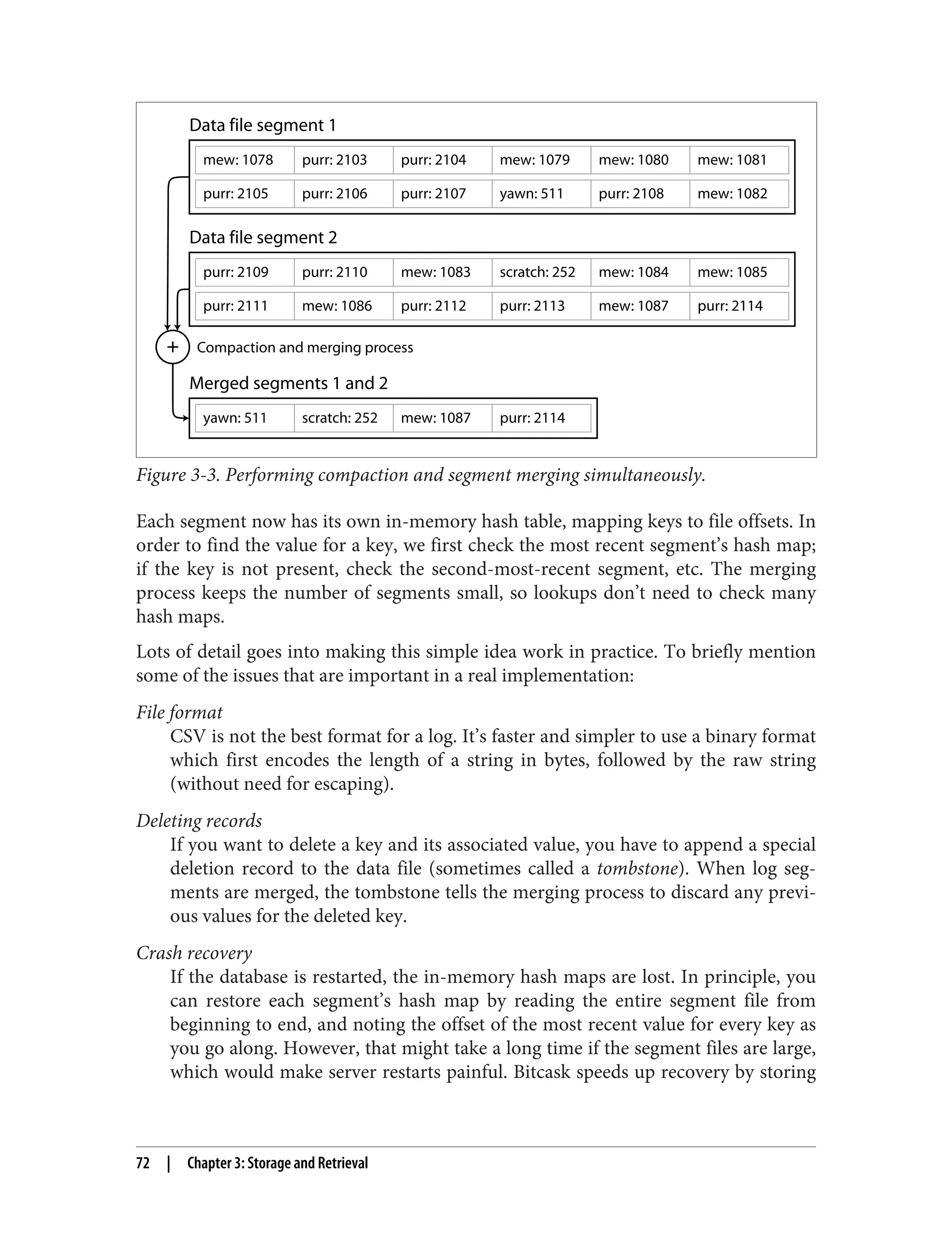 mew: 1078 purr: 2103 purr: 2104 mew: 1079 mew: 1080
mew: 1082
mew: 1081
purr: 2105 purr: 2106 purr: 2107 purr: 2108
yawn: 511
purr: 2109 purr: 2110 mew: 1083 scratch: 252 mew: 1084
purr: 2114
mew: 1085
purr: 2111 mew: 1086 purr: 2112 mew: 1087
purr: 2113
yawn: 511
Compaction and merging process
scratch: 252 mew: 1087 purr: 2114
Data file segment 1
Data file segment 2
Merged segments 1 and 2
Figure 3-3. Performing compaction and segment merging simultaneously.
Each segment now has its own in-memory hash table, mapping keys to file offsets. In
order to find the value for a key, we first check the most recent segment’s hash map;
if the key is not present, check the second-most-recent segment, etc. The merging
process keeps the number of segments small, so lookups don’t need to check many
hash maps.
Lots of detail goes into making this simple idea work in practice. To briefly mention
some of the issues that are important in a real implementation:
File format
CSV is not the best format for a log. It’s faster and simpler to use a binary format
which first encodes the length of a string in bytes, followed by the raw string
(without need for escaping).
Deleting records
If you want to delete a key and its associated value, you have to append a special
deletion record to the data file (sometimes called a tombstone). When log seg‐
ments are merged, the tombstone tells the merging process to discard any previ‐
ous values for the deleted key.
Crash recovery
If the database is restarted, the in-memory hash maps are lost. In principle, you
can restore each segment’s hash map by reading the entire segment file from
beginning to end, and noting the offset of the most recent value for every key as
you go along. However, that might take a long time if the segment files are large,
which would make server restarts painful. Bitcask speeds up recovery by storing
72 | Chapter 3: Storage and Retrieval
 