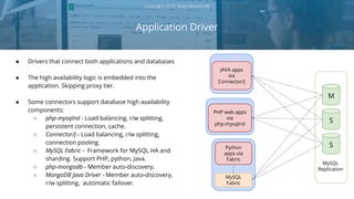 Application Driver
Copyright 2018 Severalnines AB
● Drivers that connect both applications and databases
● The high availability logic is embedded into the
application. Skipping proxy tier.
● Some connectors support database high availability
components:
○ php-mysqlnd - Load balancing, r/w splitting,
persistent connection, cache.
○ Connector/J - Load balancing, r/w splitting,
connection pooling.
○ MySQL Fabric - Framework for MySQL HA and
sharding. Support PHP, python, Java.
○ php-mongodb - Member auto-discovery.
○ MongoDB Java Driver - Member auto-discovery,
r/w splitting, automatic failover.
M
S
S
JAVA apps
via
Connector/J
MySQL
Fabric
PHP web apps
via
php-mysqlnd
Python
apps via
Fabric
MySQL
Replication
 