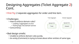 18
Designing Aggregates (Ticket Aggregate 2)
Cont.
• First Try: 2 separate aggregates for order and line item.
• Challenges:
• How to enforce domain rules?
• Loading 2 aggregates at once
• Putting logic into domain service
• Concurrency
• Bad design smells:
• Unable to enforce domain rules purely.
• An entity (Comment) is trying to know about other entities of same type.
 