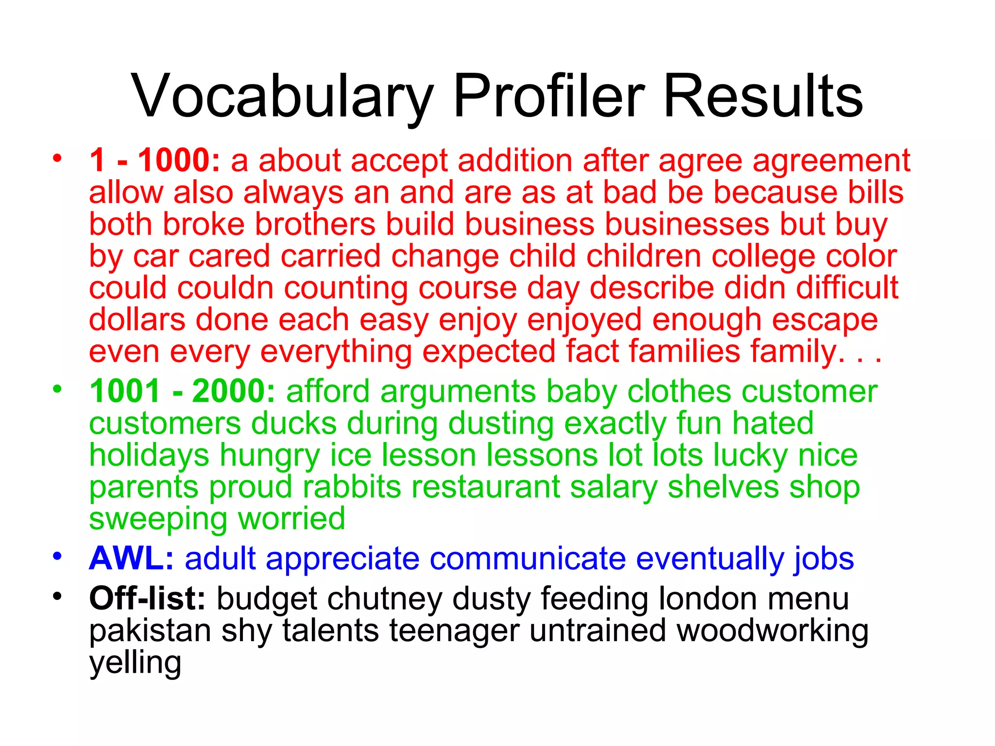 Vocabulary Profiler Results 1 - 1000:  a about accept addition after agree agreement allow also always an and are as at bad be because bills both broke brothers build business businesses but buy by car cared carried change child children college color could couldn counting course day describe didn difficult dollars done each easy enjoy enjoyed enough escape even every everything expected fact families family. . . 1001 - 2000:  afford arguments baby clothes customer customers ducks during dusting exactly fun hated holidays hungry ice lesson lessons lot lots lucky nice parents proud rabbits restaurant salary shelves shop sweeping worried  AWL:  adult appreciate communicate eventually jobs  Off-list:  budget chutney dusty feeding london menu pakistan shy talents teenager untrained woodworking yelling  