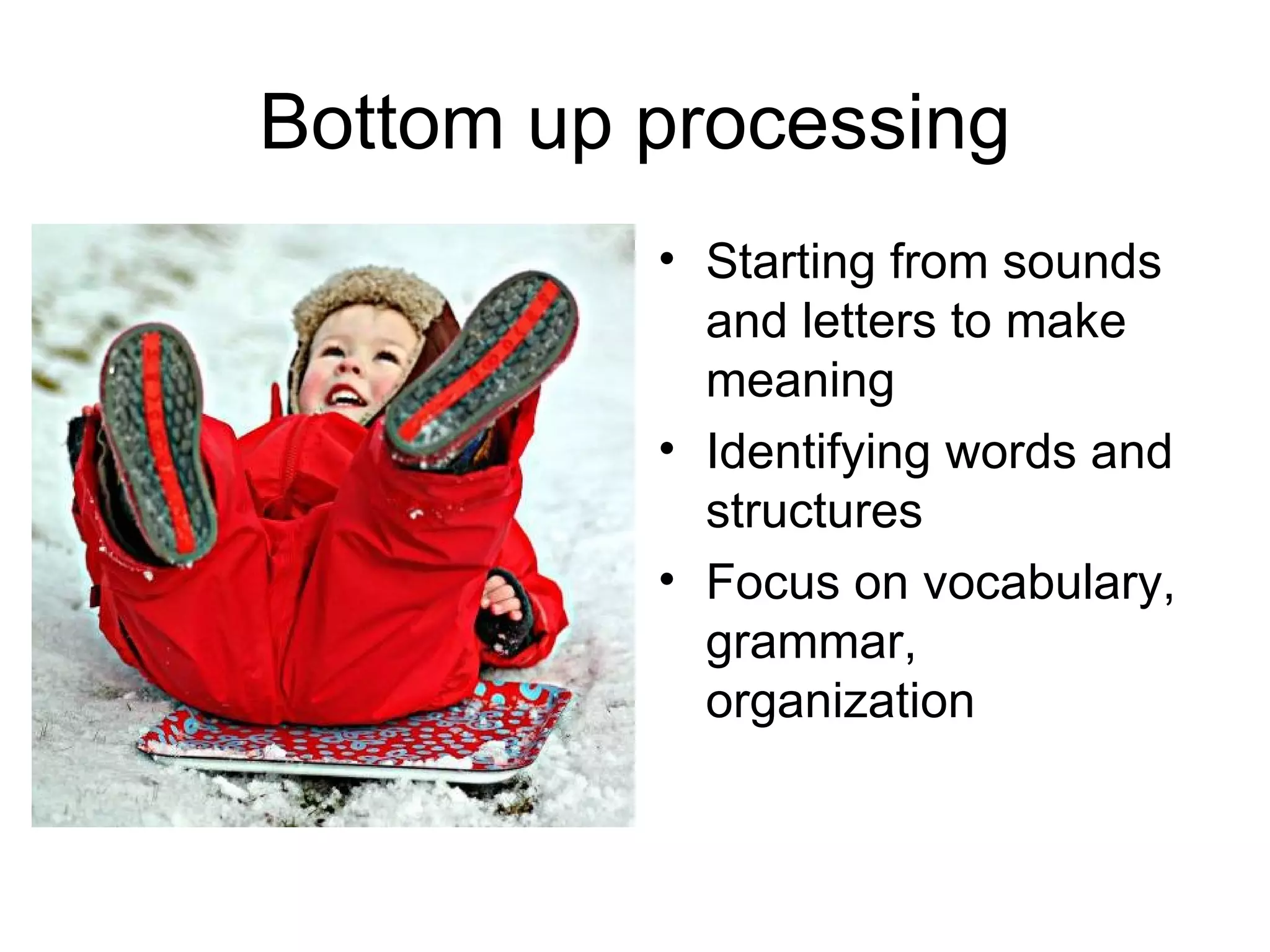 Bottom up processing Starting from sounds and letters to make meaning Identifying words and structures Focus on vocabulary, grammar, organization 