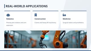 Robotics
Precise joint rotation and arm
extension.
Construction
Cranes and heavy lift machinery.
Medicine
Surgical robots and prosthetics.
REAL-WORLD APPLICATIONS
 