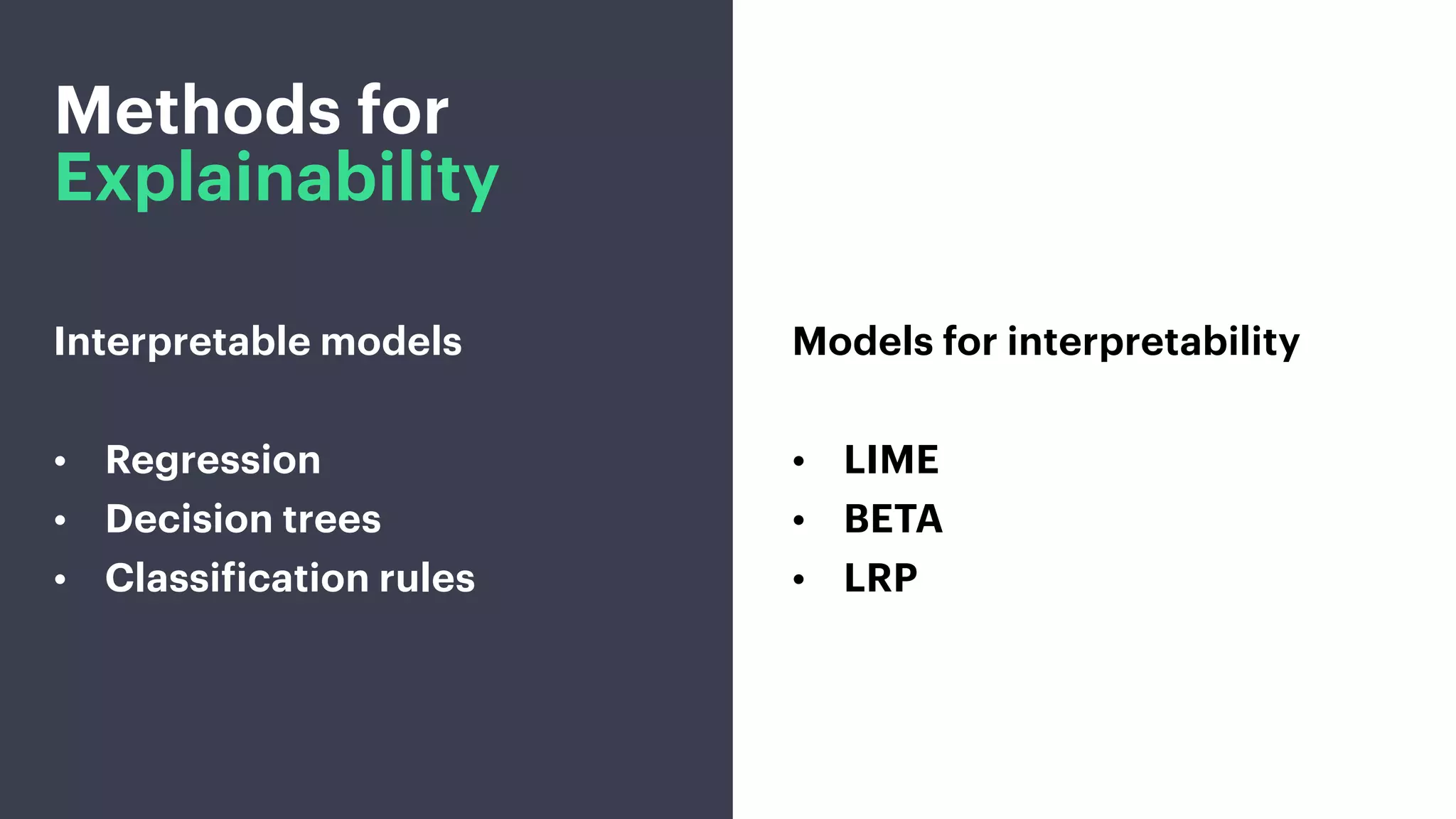 Methods for
Explainability
Interpretable models
• Regression
• Decision trees
• Classification rules
Models for interpretability
• LIME
• BETA
• LRP
 