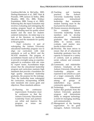 Ross / PROGRAM EVALUATION AND REFORM
490
Cambron-McCabe & McCarthy, 2005;
Darling-Hammond et al., 2007; Hart &
Pounder, 1999; Jackson & Kelley, 2002;
Murphy, 2002; Orr, 2006; Wallace
Foundation, 2008; Young et al., 2002).
Following this, the input evaluation step
involves evaluating and redesigning the
existing program based on identified
needs, including need for quality school
leaders and the need for student-
centered instruction. An initial step is to
look at the literature on leadership
education and the standards for quality
in the programs.
Input evaluation. A part of
redesigning the Auburn University
educational leadership program was to
align our curriculum with state
standards as well as ISLLC and the
NCATE standards. The purpose of
accreditation boards such as NCATE is
to provide oversight using an expertise-
approach to evaluation with site visits
by ‘expert’ teams. Accreditation helps
ensure that the educational leadership
program and curriculum maintain high
standards that provide a foundation for
high quality educational leadership
graduates, the purpose for the redesign.
Thus, the leadership team redesigned
the curriculum, incorporating ALSDE
state standards into course goals and
objectives. These standards address:
(1) Planning for continuous
improvement. Evaluation must
be continuous so that the
Auburn University Educational
Leadership Team and partners
can refine and improve the
program as issues are
identified.
(2) Teaching and learning
practices. The Auburn
University Leadership faculty
emphasizes instructional
leadership that maintains
student learning must be the
focal point for all educators.
(3) Human resources development.
For example, Auburn
University leadership faculty
members seek to develop
educational leadership
graduates that demonstrate
ability to recruit, select,
evaluate, and mentor new
faculty in their schools.
(4) Diversity. The team strives to
ensure that all of educational
leadership graduates have the
capacity to respond to a variety
of contexts, such as political,
social, cultural, and economic
contexts.
(5) Community and stakeholder
relations. Graduates of the
Auburn University Educational
Leadership program are
expected to see schools as a part
of a larger community which
necessitates collaboration
among all groups of
stakeholders (e.g. parents,
community agencies).
(6) Technology. Educational
leaders that graduate from the
Auburn University graduate
program will demonstrate
ability to integrate technology
as tools for managing, teaching,
and communication.
(7) Management of the learning
organization. To be good
managers, Auburn University
 