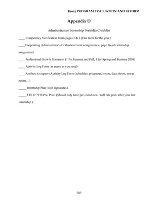 Ross / PROGRAM EVALUATION AND REFORM
505
Appendix D
Administrative Internship Portfolio Checklist
____ Competency Verification Form-pages 1 & 2 (One form for the year.)
____Cooperating Administrator’s Evaluation Form w/signatures– page 3(each internship
assignment)
____ Professional Growth Statement (1 for Summer and Fall, 1 for Spring and Summer 2009)
____ Activity Log Form (as many as you need)
____ Artifacts to support Activity Log Form (schedules, programs, letters, data sheets, power
points…)
_____ Internship Plan (with signatures)
_____ EDLD 7930 Pre- Post- (Should only have pre- rated now. Will rate post- after your last
internship.)
 