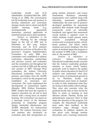 Ross / PROGRAM EVALUATION AND REFORM
488
Leadership faculty and K-12
stakeholders (Cambron-McCabe, 2003;
Young et al., 2002). The conversations
led the leadership team and partners to
develop admissions and curriculum
changes closely tied to school and pK-20
student learning needs (e.g.
developmentally appropriate
instruction, practical application of
material learned) and to state standards.
Partners as stakeholders in the
redesign. Planning for the redesign
began in the fall of 2005 and in
December of that year, Auburn
University and its K-12 partners
presented an overview of the plan to the
governor’s Congress Implementation
Committee. In early 2006, four
committees were established to address
curriculum, admissions, partnerships
and advisory council, and evaluation
and the committees met throughout the
summer and fall of 2006 and the spring
and summer of 2007. Through these
committees, the Auburn University
Educational Leadership Team, K-12
partners, and leaders from the ALSDE
developed a vision for the program and
established an innovative new
curriculum. The vision emphasized the
development of instructional leaders
(Murphy, 2002; Wallace Foundation,
2008)—leaders that have the capacity to
improve education for all and to lead
schools with a strong focus on student
learning. The curriculum was based on
a thorough review of the literature
pertaining to leadership program
design, leadership effectiveness, and
ALSDE Standards for Instructional
Leaders. The Auburn University team
and partners also developed an
evaluation plan that incorporated on-
going student, instructor, and course
assessments. Residency internship
requirements were outlined along with
internship assessment guidelines.
Additionally, the team and its partners
developed guidelines for assessment
portfolios that students build through
coursework, wrote an internship
handbook, and agreed that assessment
would include a capstone event in
which students would present action
research (completed through
coursework) to program faculty, school-
based partners, and fellow cohort
students and receive feedback. Our first
cohort of students began the program in
the summer of 2008, with a completion
date of the summer of 2009.
Students as stakeholders in
evaluation. Auburn University
Educational Leadership faculty assumes
that the Auburn Leadership graduate
students, as future school leaders,
genuinely want to improve the quality
of public school education for their K-12
students and understand what they
need in terms of professional growth to
do so. Therefore, faculty and
administrators must listen to students’
in order to fully understand what they
are facing in their public school settings.
They must also ascertain what the
graduate faculty does or does not do for
them in terms of learning to lead
effective schools. Thereby, faculty and
administrators empower them to help
shape the direction of the program. For
example, the Educational Leadership
team seeks their feedback at the
formative stage through course
evaluations. In addition, students are
also given voice through seminar
discussions and a learning community
 