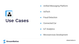 streamnative.io
Use Cases
● Uniﬁed Messaging Platform
● AdTech
● Fraud Detection
● Connected Car
● IoT Analytics
● Microservices Development
 