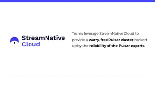 Teams leverage StreamNative Cloud to
provide a worry-free Pulsar cluster backed
up by the reliability of the Pulsar experts.
 