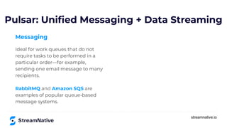 streamnative.io
Messaging
Ideal for work queues that do not
require tasks to be performed in a
particular order—for example,
sending one email message to many
recipients.
RabbitMQ and Amazon SQS are
examples of popular queue-based
message systems.
Pulsar: Uniﬁed Messaging + Data Streaming
 