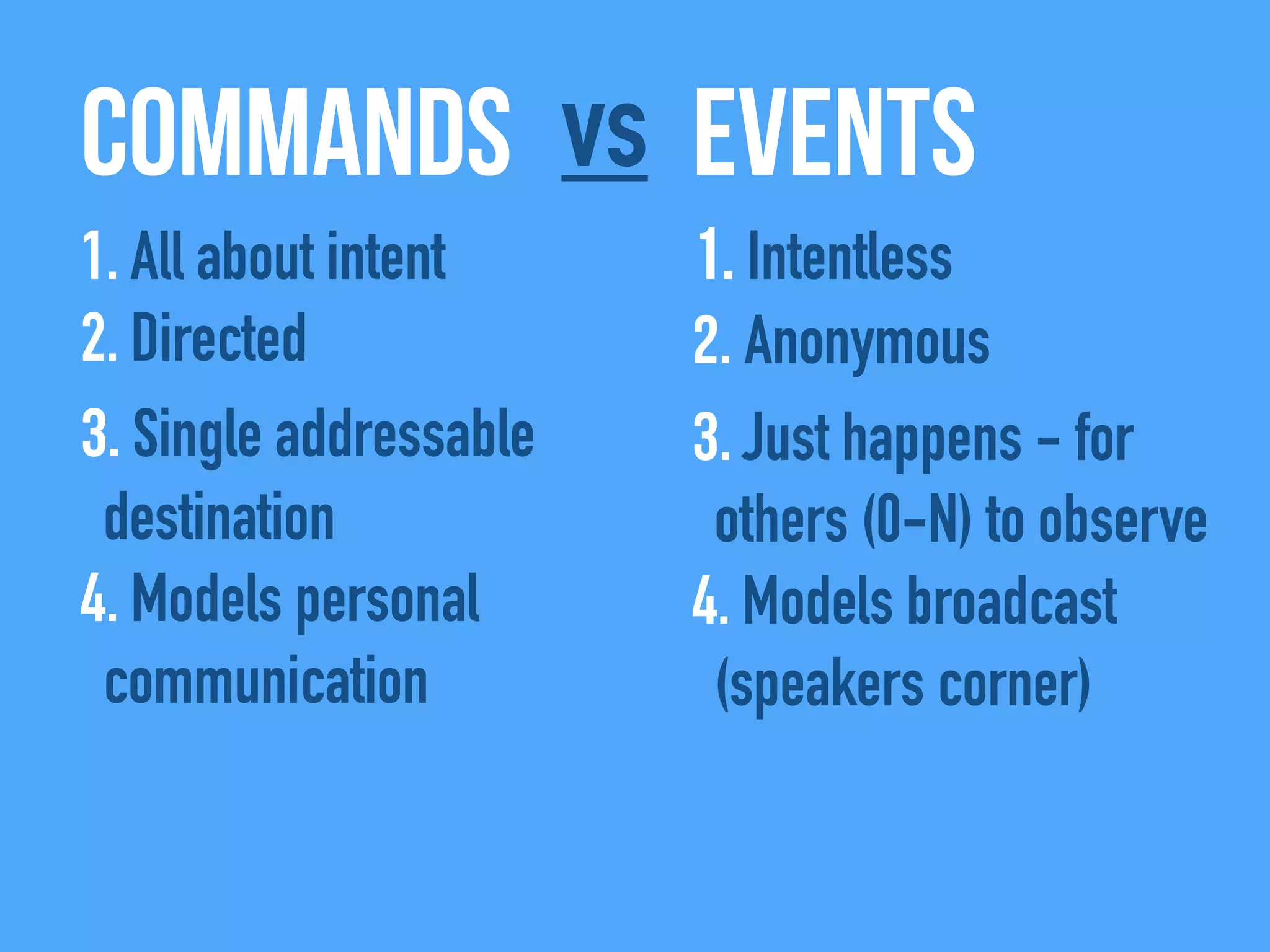 Commands Eventsvs
1. All about intent
2. Directed
3. Single addressable
destination
4. Models personal
communication
1. Intentless
2. Anonymous
3. Just happens - for
others (0-N) to observe
4. Models broadcast
(speakers corner)
 