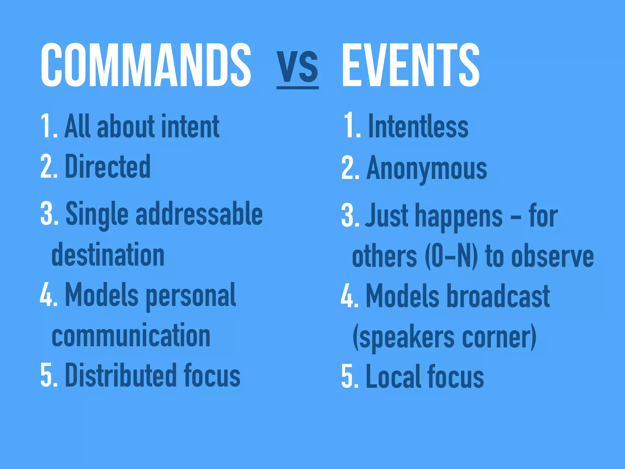 Commands Eventsvs
1. All about intent
2. Directed
3. Single addressable
destination
4. Models personal
communication
5. Distributed focus
1. Intentless
2. Anonymous
3. Just happens - for
others (0-N) to observe
4. Models broadcast
(speakers corner)
5. Local focus
 
