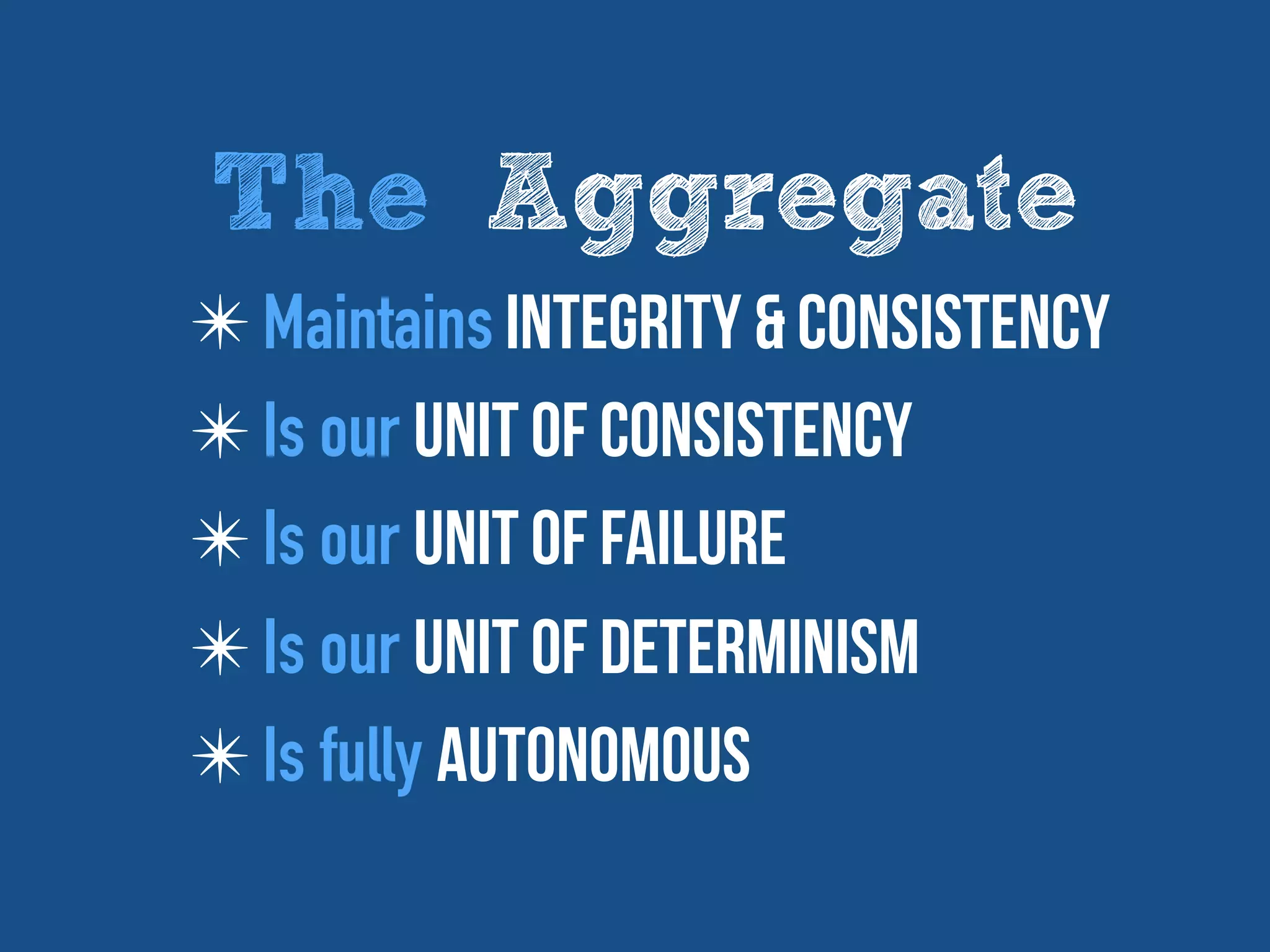 ✴ Maintains Integrity & consistency
✴ Is our Unit of Consistency
✴ Is our Unit of Failure
✴ Is our Unit of Determinism
✴ Is fully Autonomous
The Aggregate
 