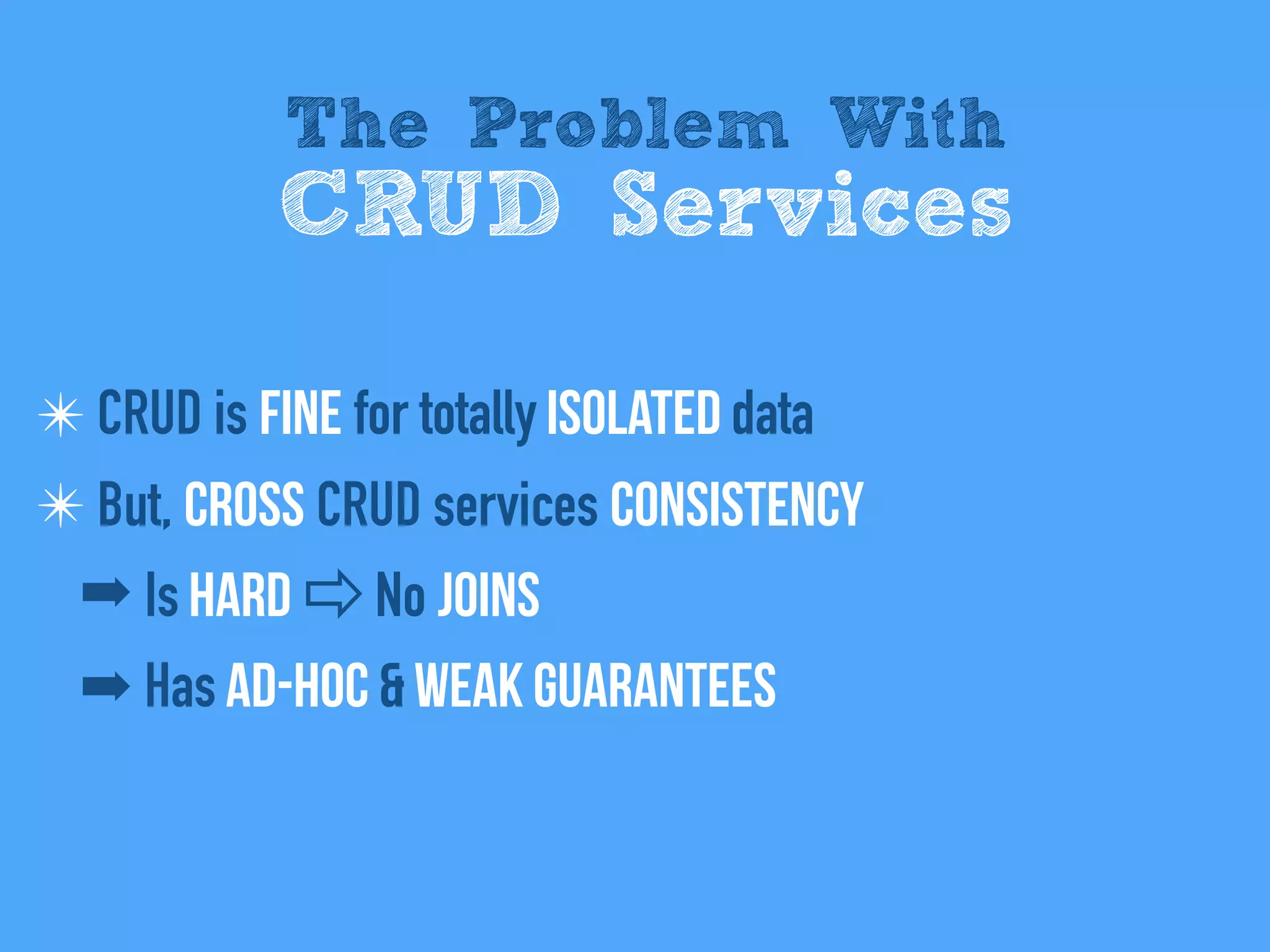 ✴ CRUD is fine for totally isolated data
✴ But, cross CRUD services consistency
➡ Is hard ⇨ No Joins
➡ Has ad-hoc & weak guarantees
The Problem With
CRUD Services
 