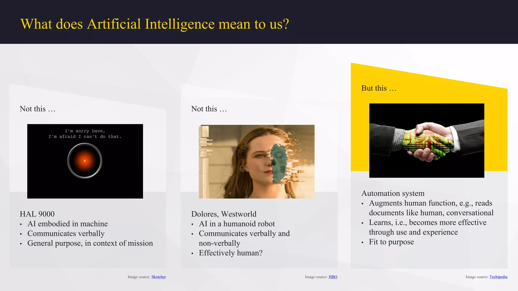 What does Artificial Intelligence mean to us?
Not this …
Image source: Skotcher
Not this …
Image source: HBO
But this …
Image source: Techipedia
HAL 9000
• AI embodied in machine
• Communicates verbally
• General purpose, in context of mission
Dolores, Westworld
• AI in a humanoid robot
• Communicates verbally and
non-verbally
• Effectively human?
Automation system
• Augments human function, e.g., reads
documents like human, conversational
• Learns, i.e., becomes more effective
through use and experience
• Fit to purpose
 
