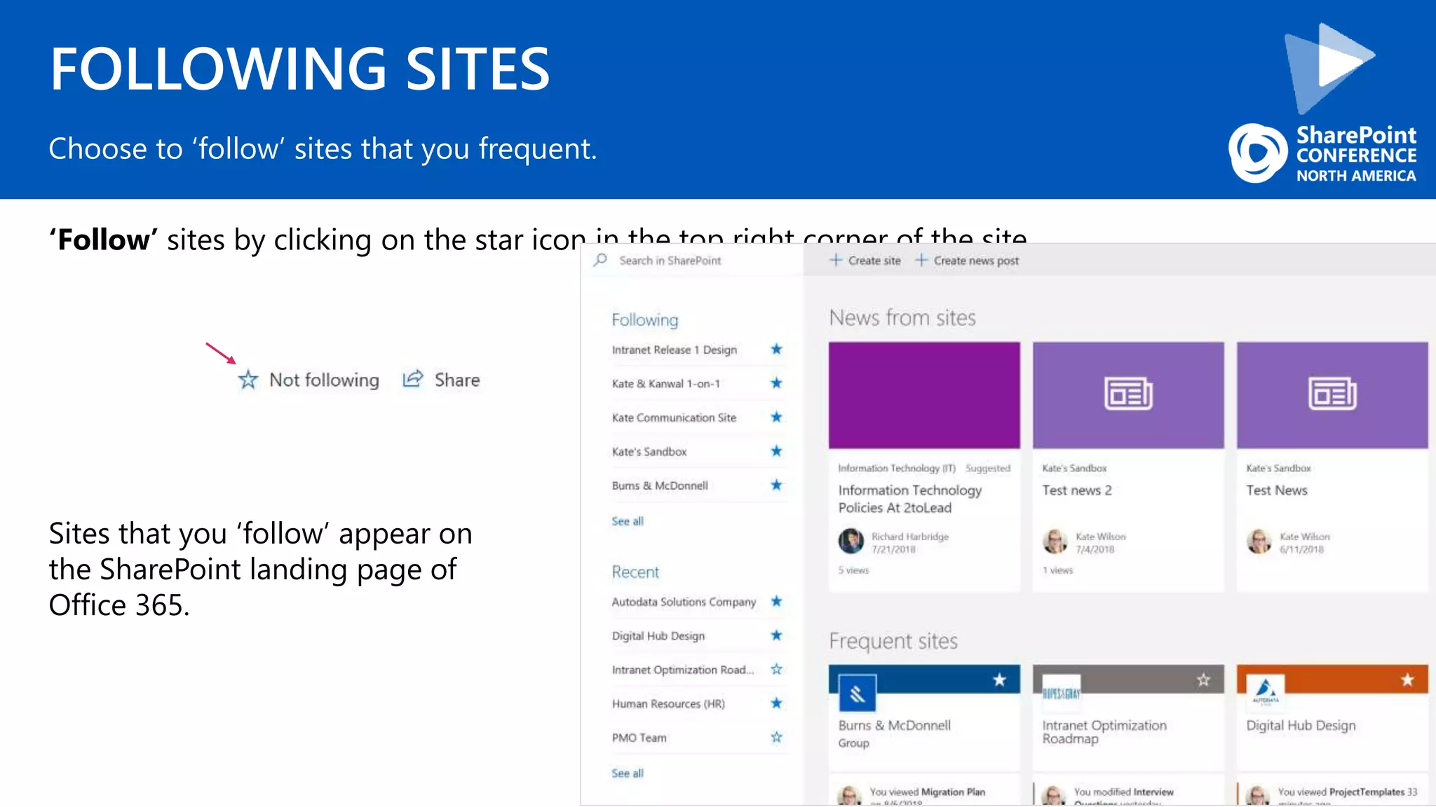FOLLOWING SITES
‘Follow’ sites by clicking on the star icon in the top right corner of the site.
Choose to ‘follow’ sites that you frequent.
Sites that you ‘follow’ appear on
the SharePoint landing page of
Office 365.
 