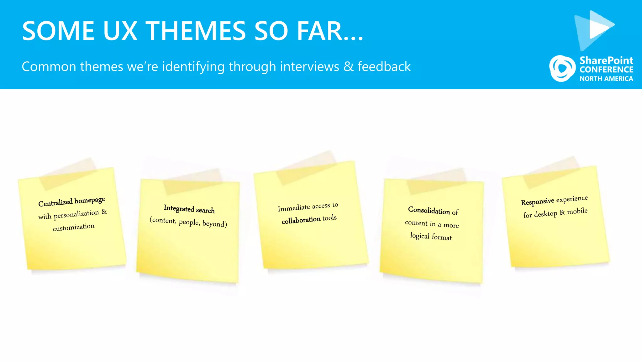 SOME UX THEMES SO FAR…
Common themes we’re identifying through interviews & feedback
 